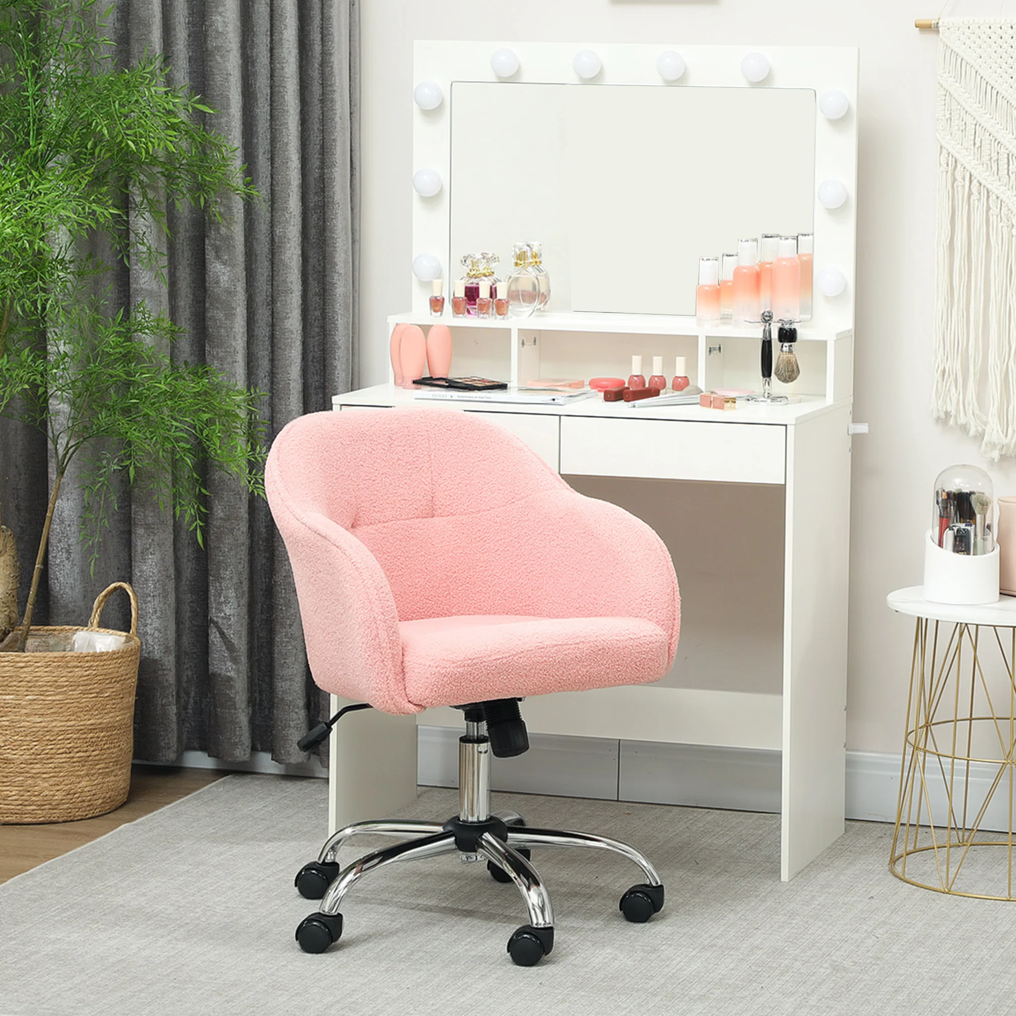 Chaise de bureau, fauteuil de bureau ergonomique en peluche Teddy, hauteur réglable, assise et dossier rembourrés, pivotant 360°, design moderne, pour bureau, chambre, rose - Image 9