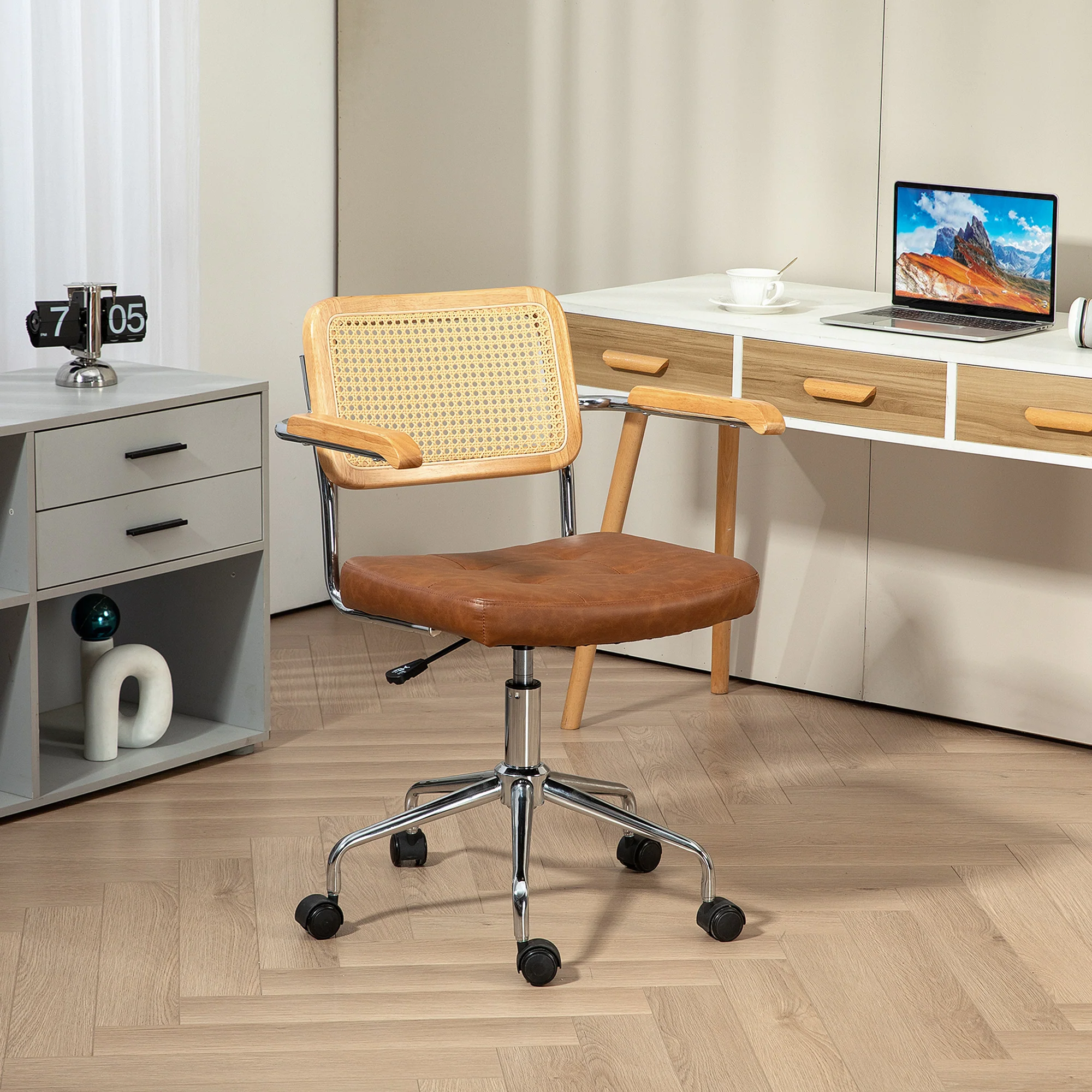 Chaise de bureau, fauteuil de bureau, fonction basculante, hauteur réglable, assise pivotante, avec accoudoirs roulettes, capacité 120 kg, marron - Image 3
