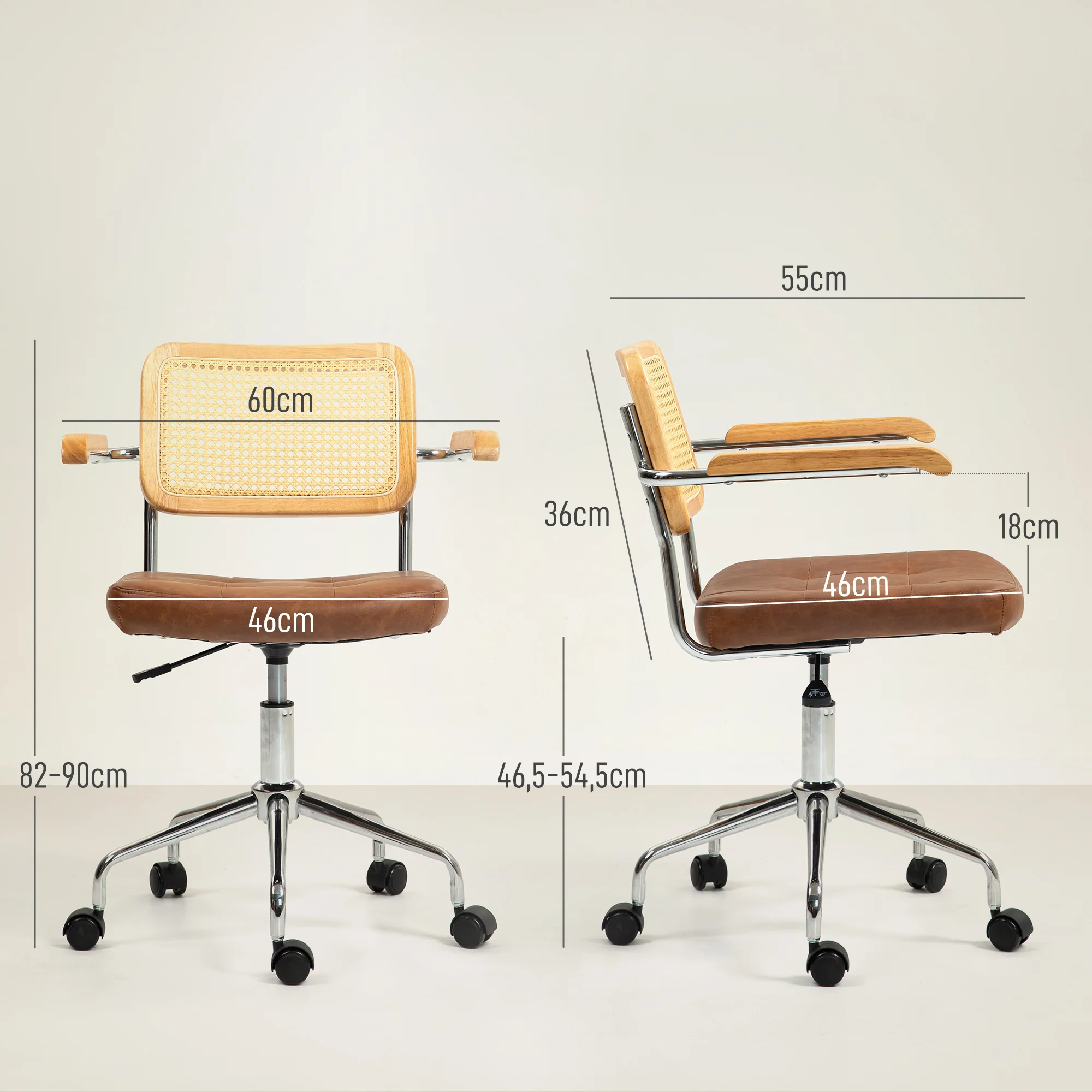Chaise de bureau, fauteuil de bureau, fonction basculante, hauteur réglable, assise pivotante, avec accoudoirs roulettes, capacité 120 kg, marron - Image 4