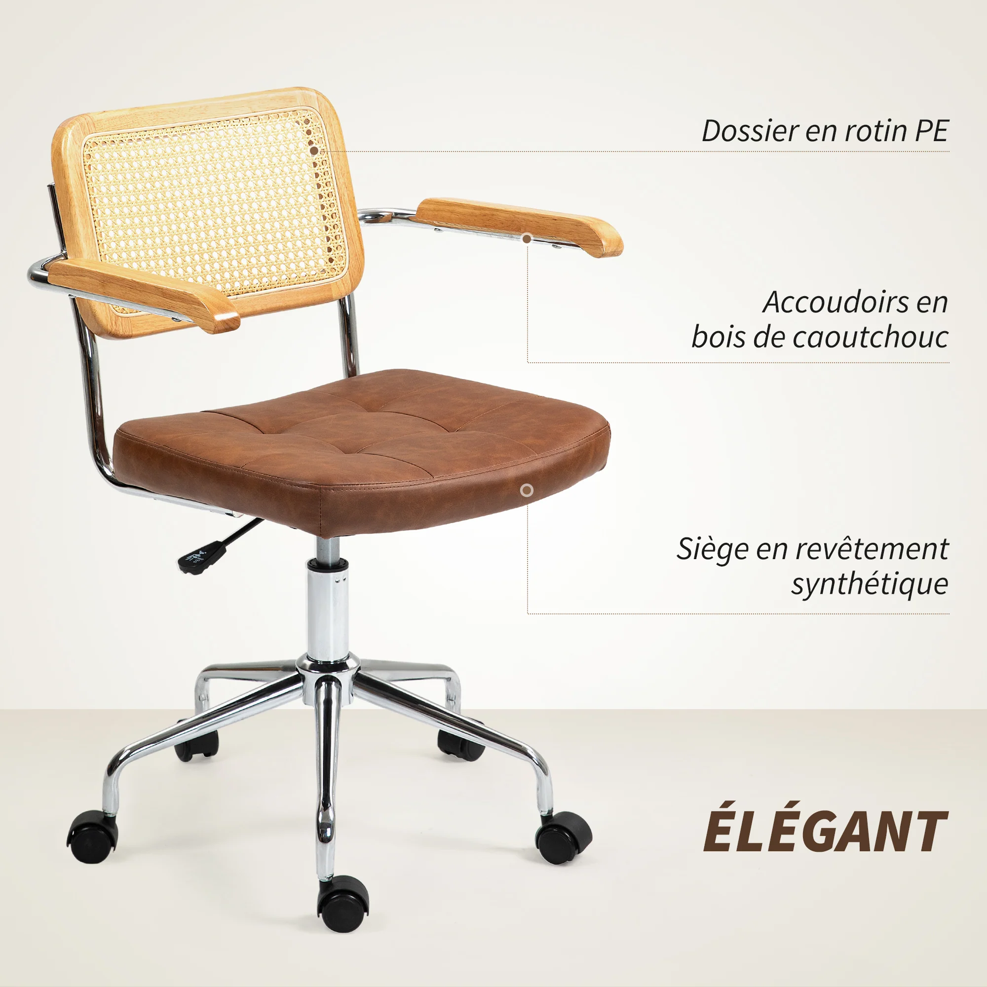 Chaise de bureau, fauteuil de bureau, fonction basculante, hauteur réglable, assise pivotante, avec accoudoirs roulettes, capacité 120 kg, marron - Image 5