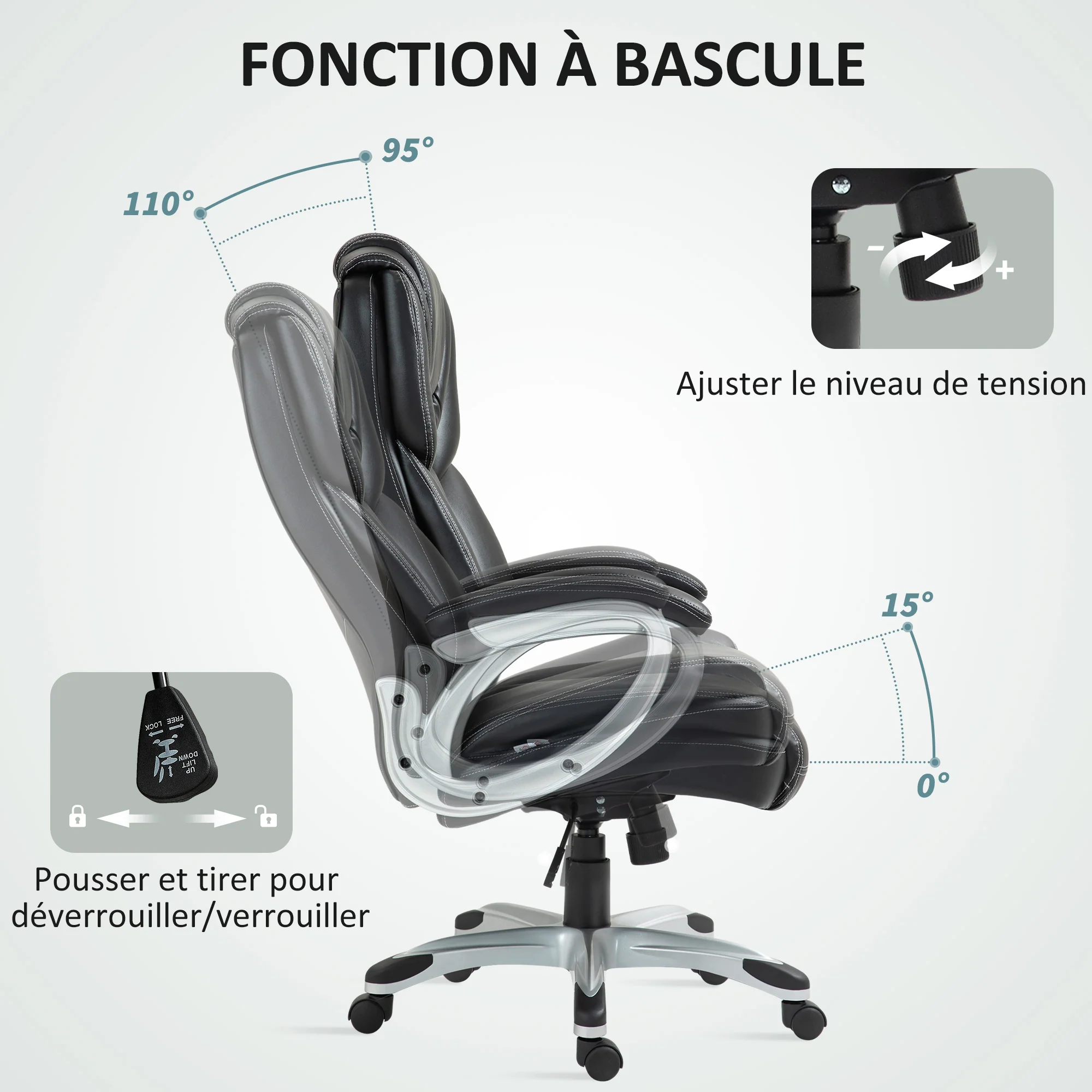 Chaise de bureau, fauteuil de bureau, siège d'ordinateur, avec fonction bascule, dossier haut, roulettes pivotantes 360°, hauteur réglable, noir - Image 7