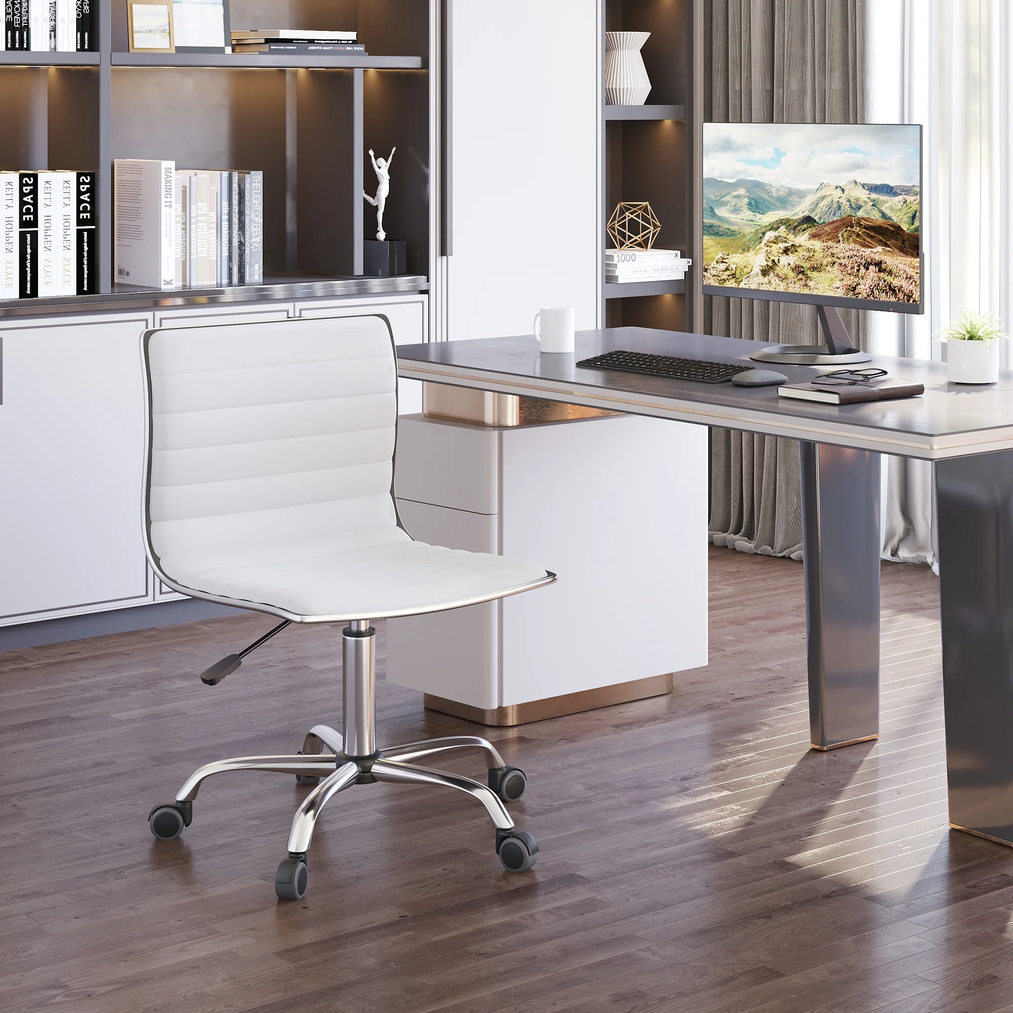 Chaise de bureau sans accoudoirs, fauteuil de bureau ergonomique, hauteur réglable, assise et dossier rembourrés et pivotant 360°, chaise d'ordinateur en similicuir pour bureau, chambre, blanc - Image 11
