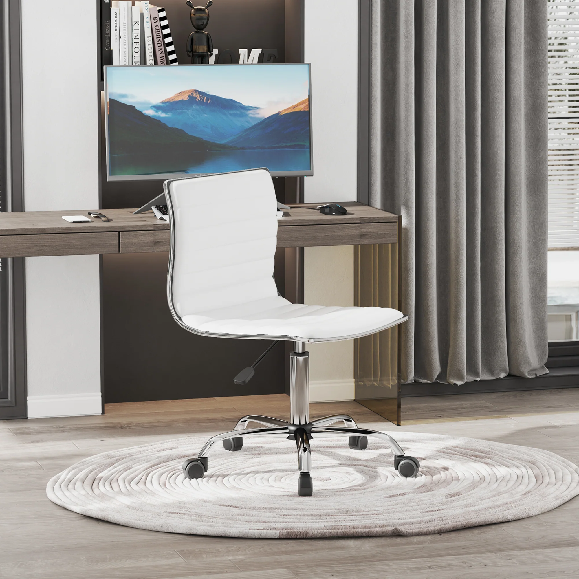 Chaise de bureau sans accoudoirs, fauteuil de bureau ergonomique, hauteur réglable, assise et dossier rembourrés et pivotant 360°, chaise d'ordinateur en similicuir pour bureau, chambre, blanc - Image 3