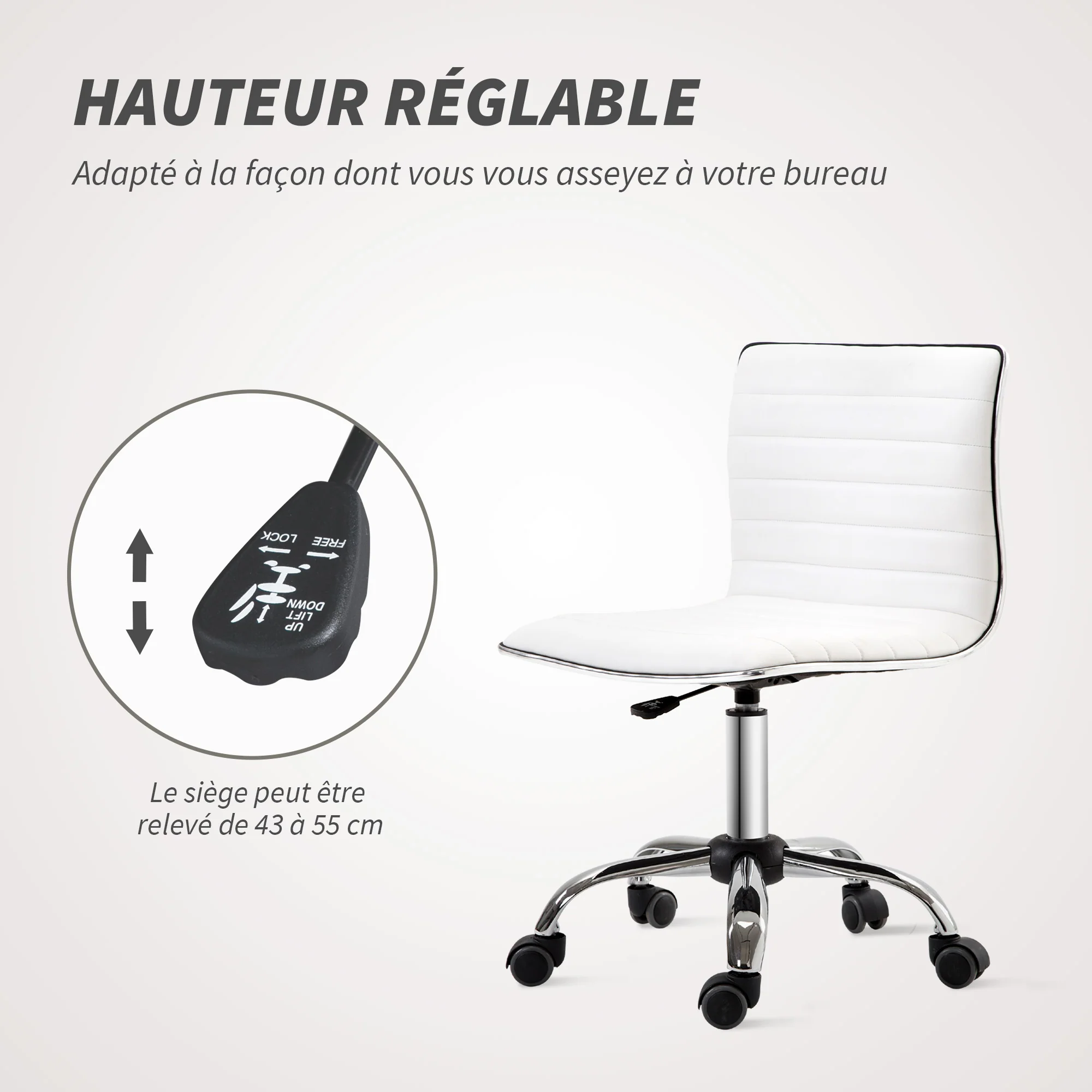 Chaise de bureau sans accoudoirs, fauteuil de bureau ergonomique, hauteur réglable, assise et dossier rembourrés et pivotant 360°, chaise d'ordinateur en similicuir pour bureau, chambre, blanc - Image 5