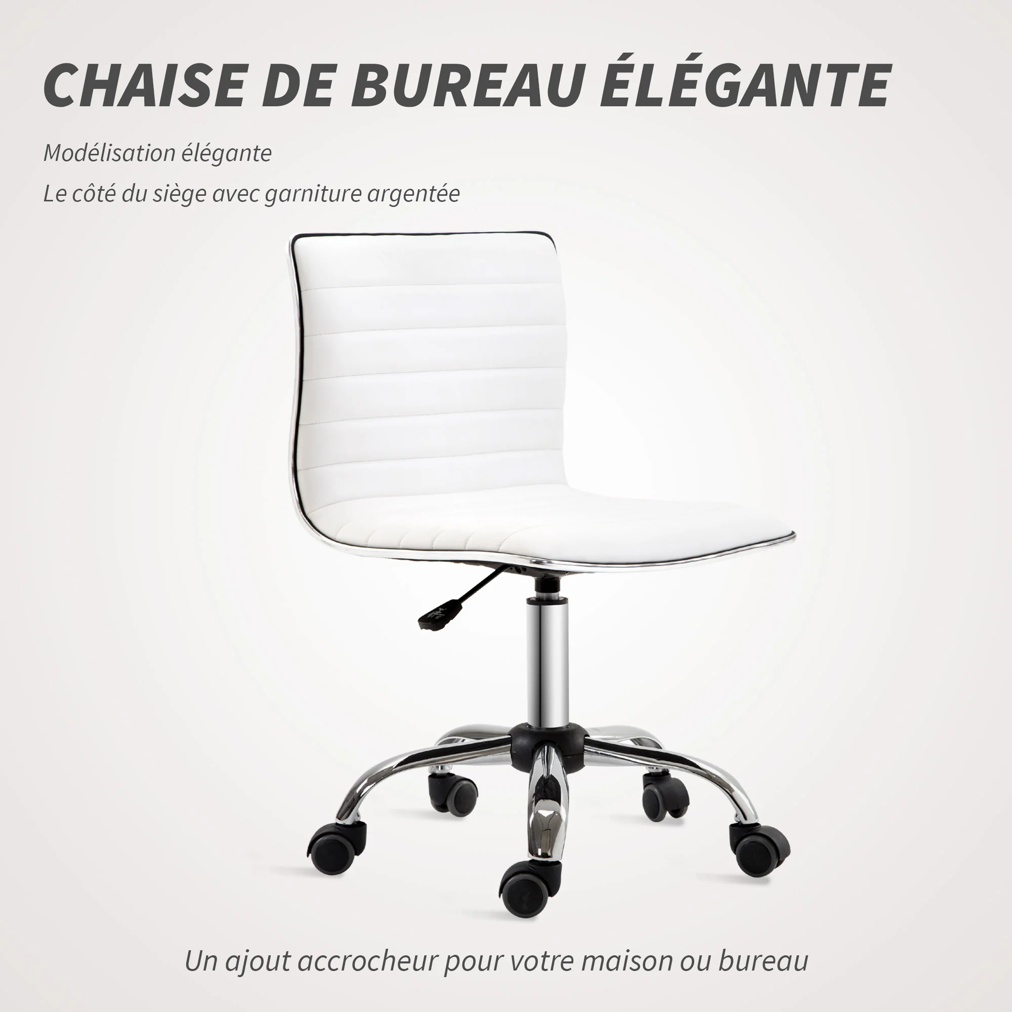 Chaise de bureau sans accoudoirs, fauteuil de bureau ergonomique, hauteur réglable, assise et dossier rembourrés et pivotant 360°, chaise d'ordinateur en similicuir pour bureau, chambre, blanc - Image 6