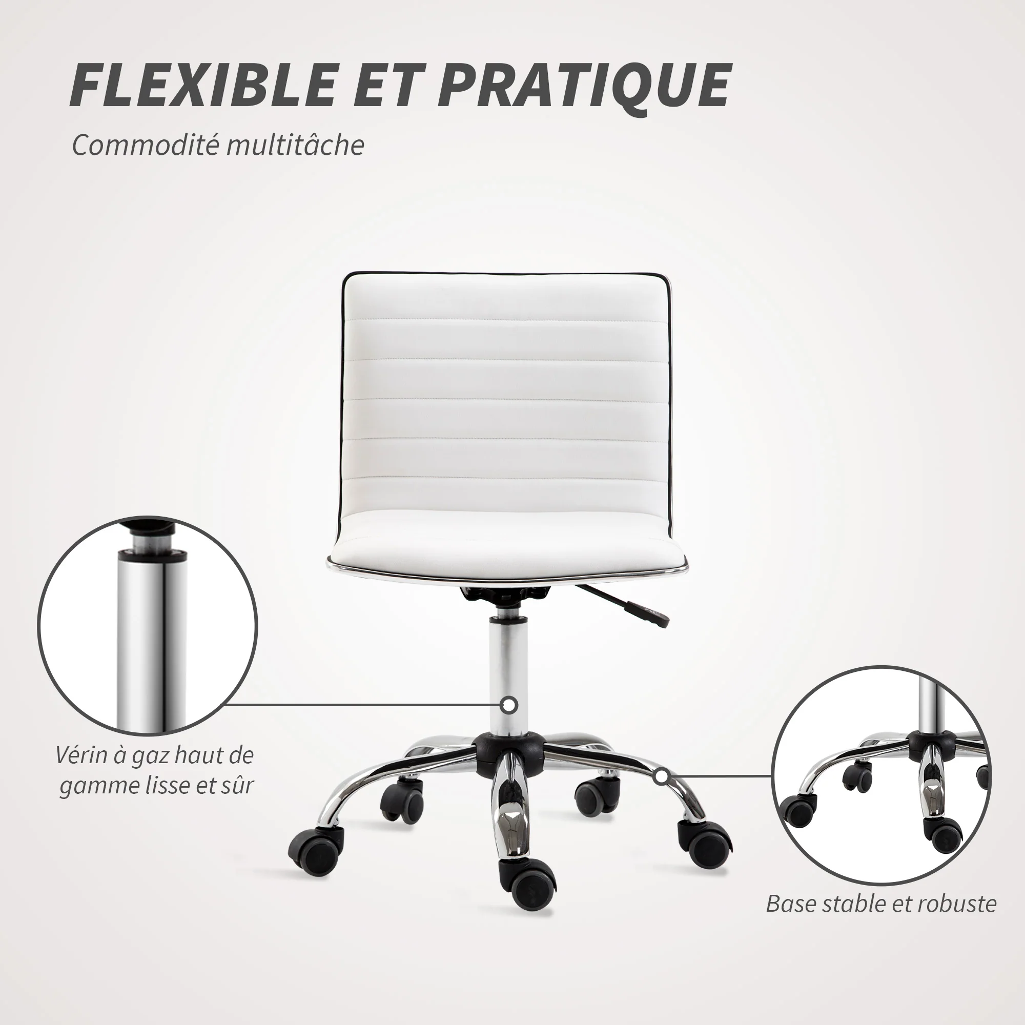 Chaise de bureau sans accoudoirs, fauteuil de bureau ergonomique, hauteur réglable, assise et dossier rembourrés et pivotant 360°, chaise d'ordinateur en similicuir pour bureau, chambre, blanc - Image 7