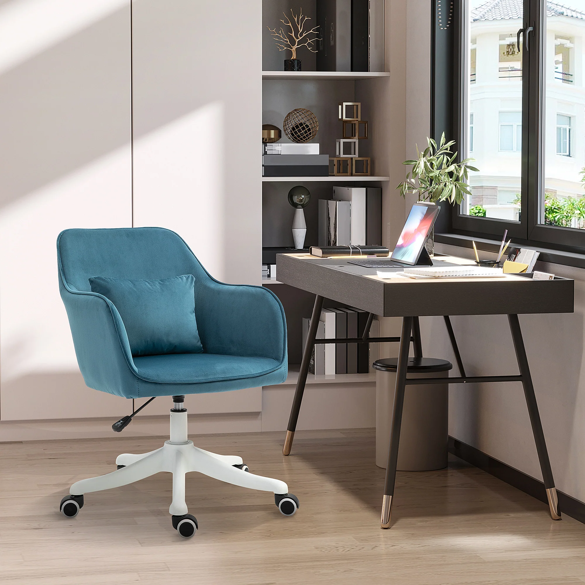 Chaise de bureau velours fauteuil bureau massant coussin lombaire intégré hauteur réglable pivotante 360° bleu - Image 3