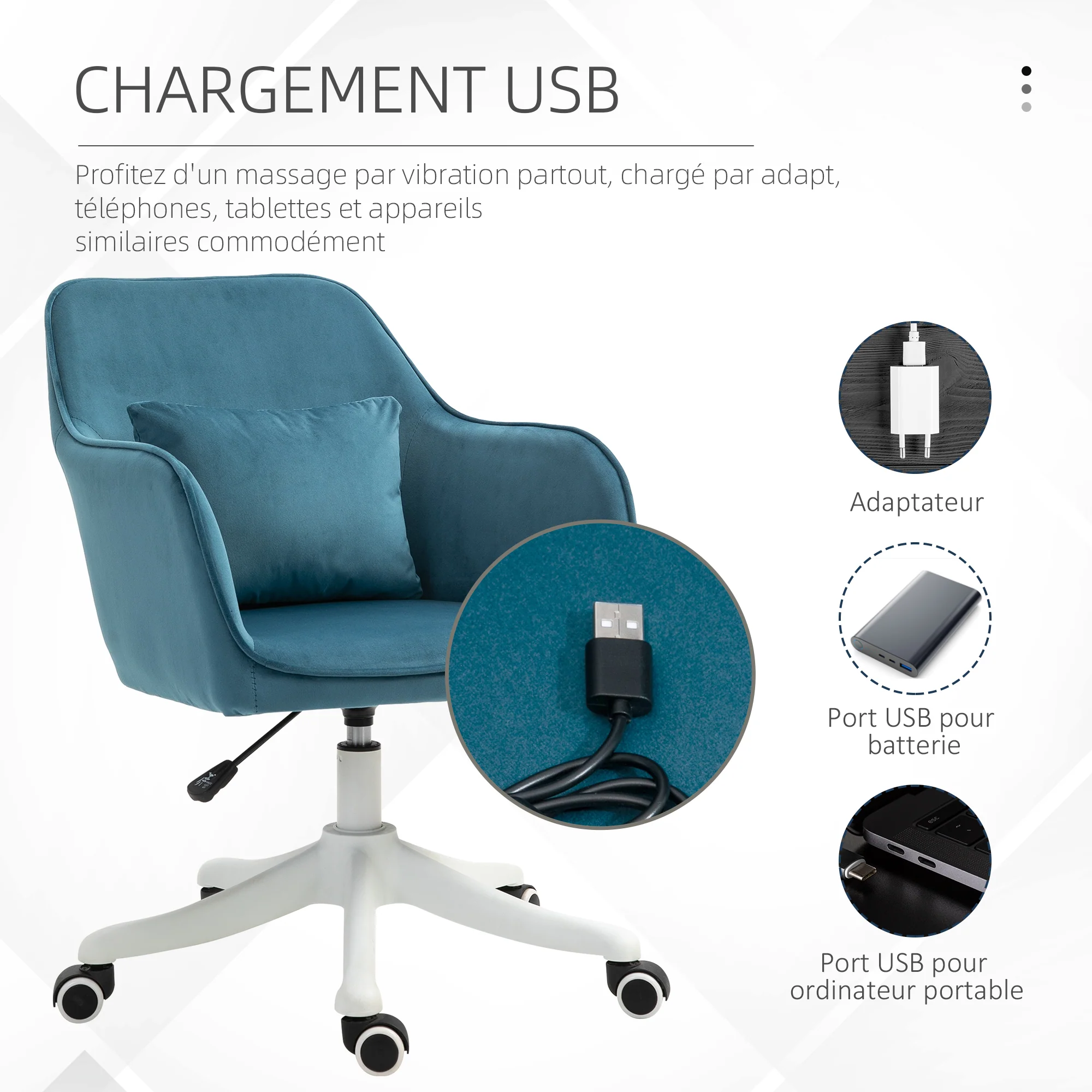 Chaise de bureau velours fauteuil bureau massant coussin lombaire intégré hauteur réglable pivotante 360° bleu - Image 5