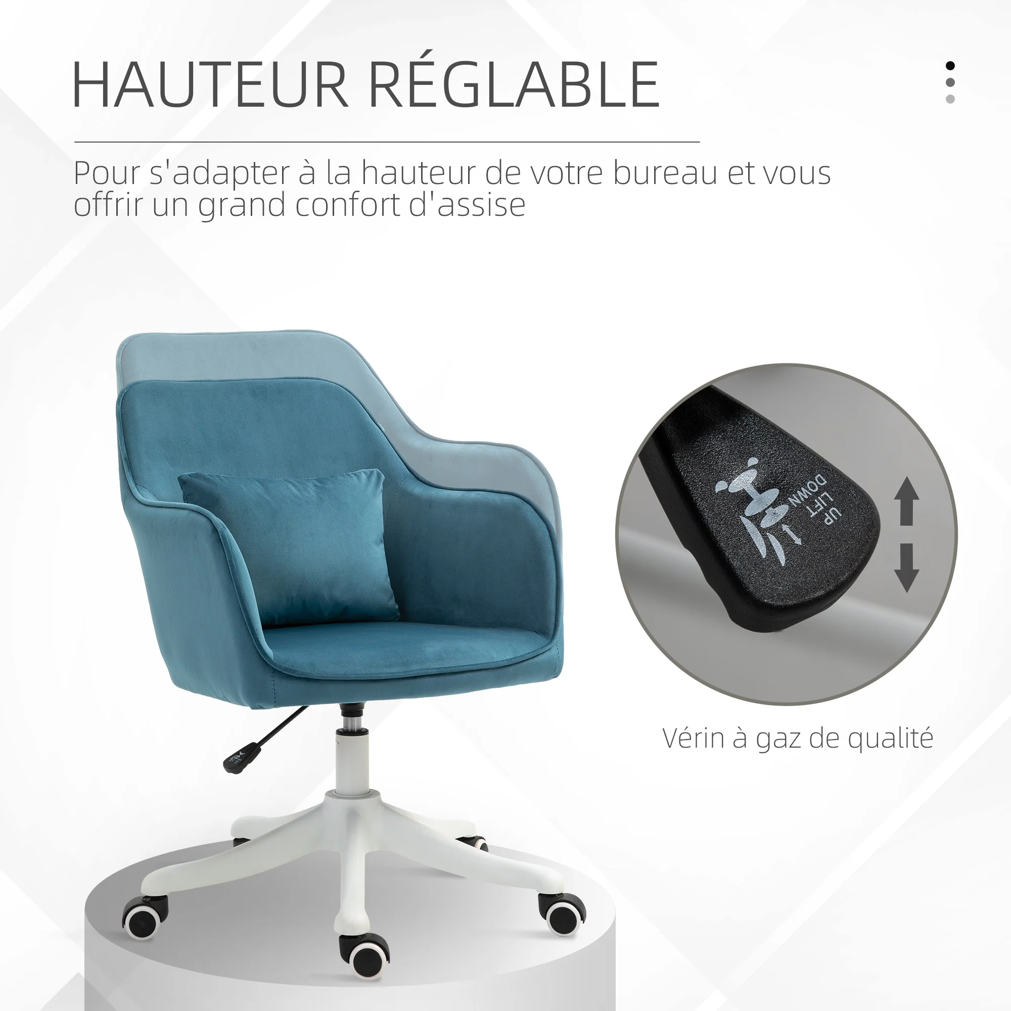 Chaise de bureau velours fauteuil bureau massant coussin lombaire intégré hauteur réglable pivotante 360° bleu - Image 6