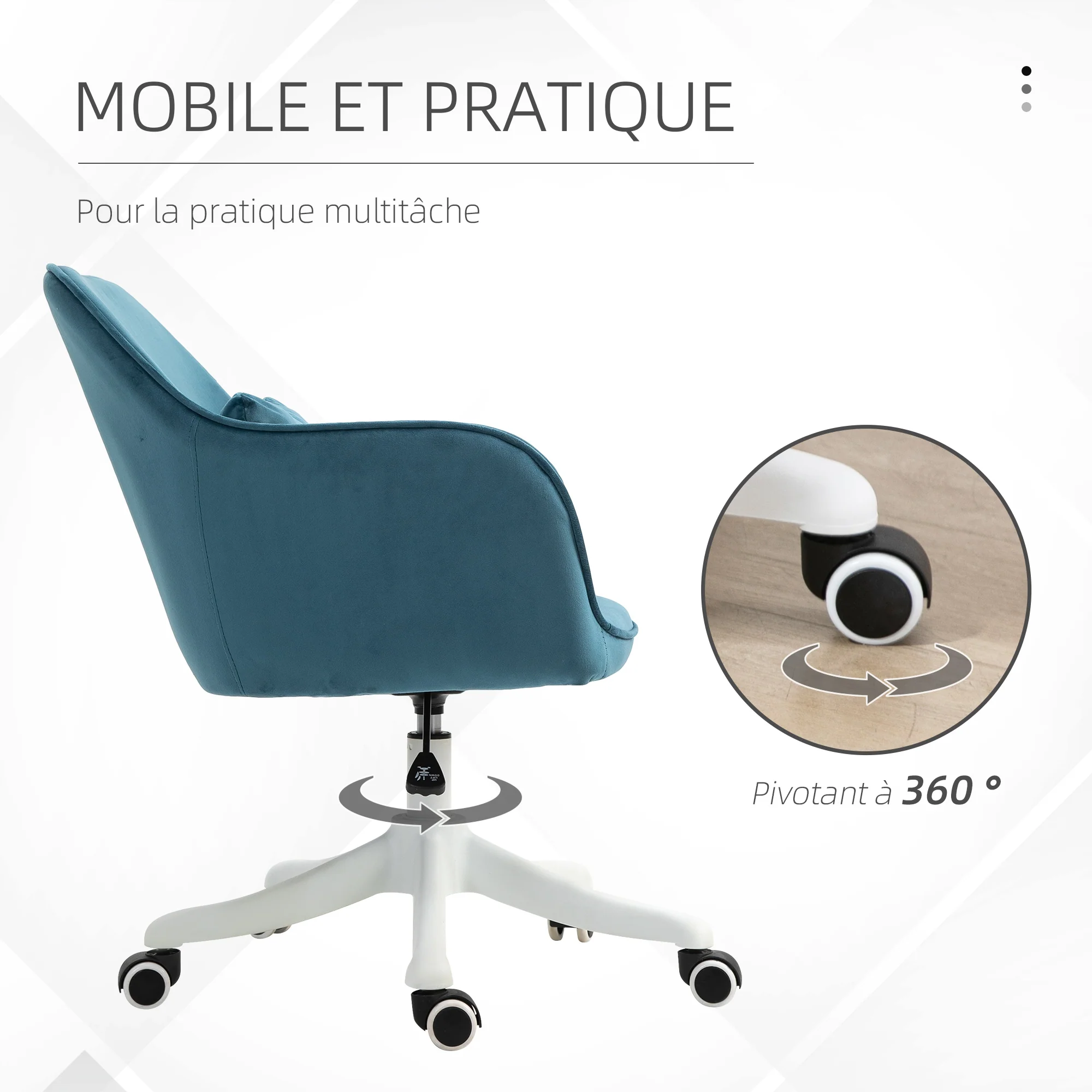Chaise de bureau velours fauteuil bureau massant coussin lombaire intégré hauteur réglable pivotante 360° bleu - Image 7