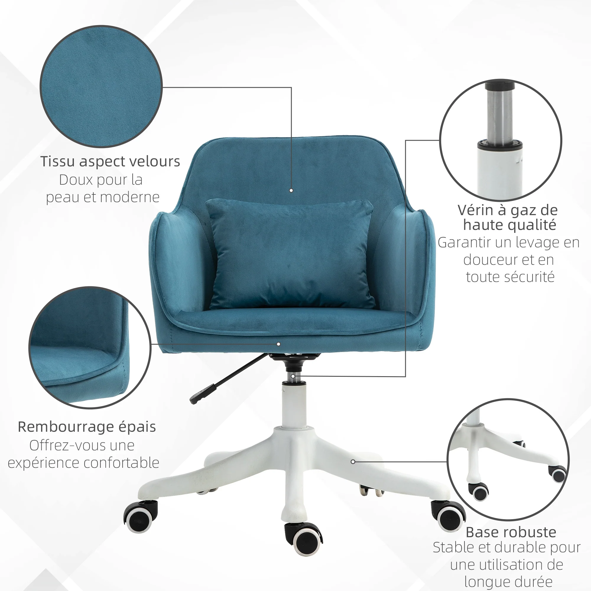 Chaise de bureau velours fauteuil bureau massant coussin lombaire intégré hauteur réglable pivotante 360° bleu - Image 8