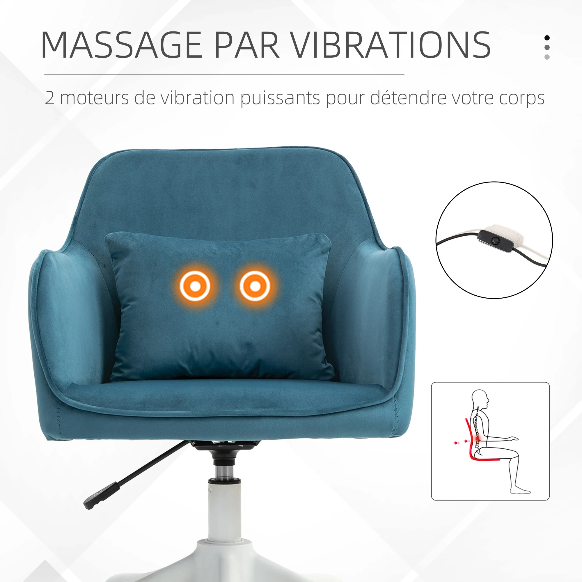 Chaise de bureau velours fauteuil bureau massant coussin lombaire intégré hauteur réglable pivotante 360° bleu - Image 9