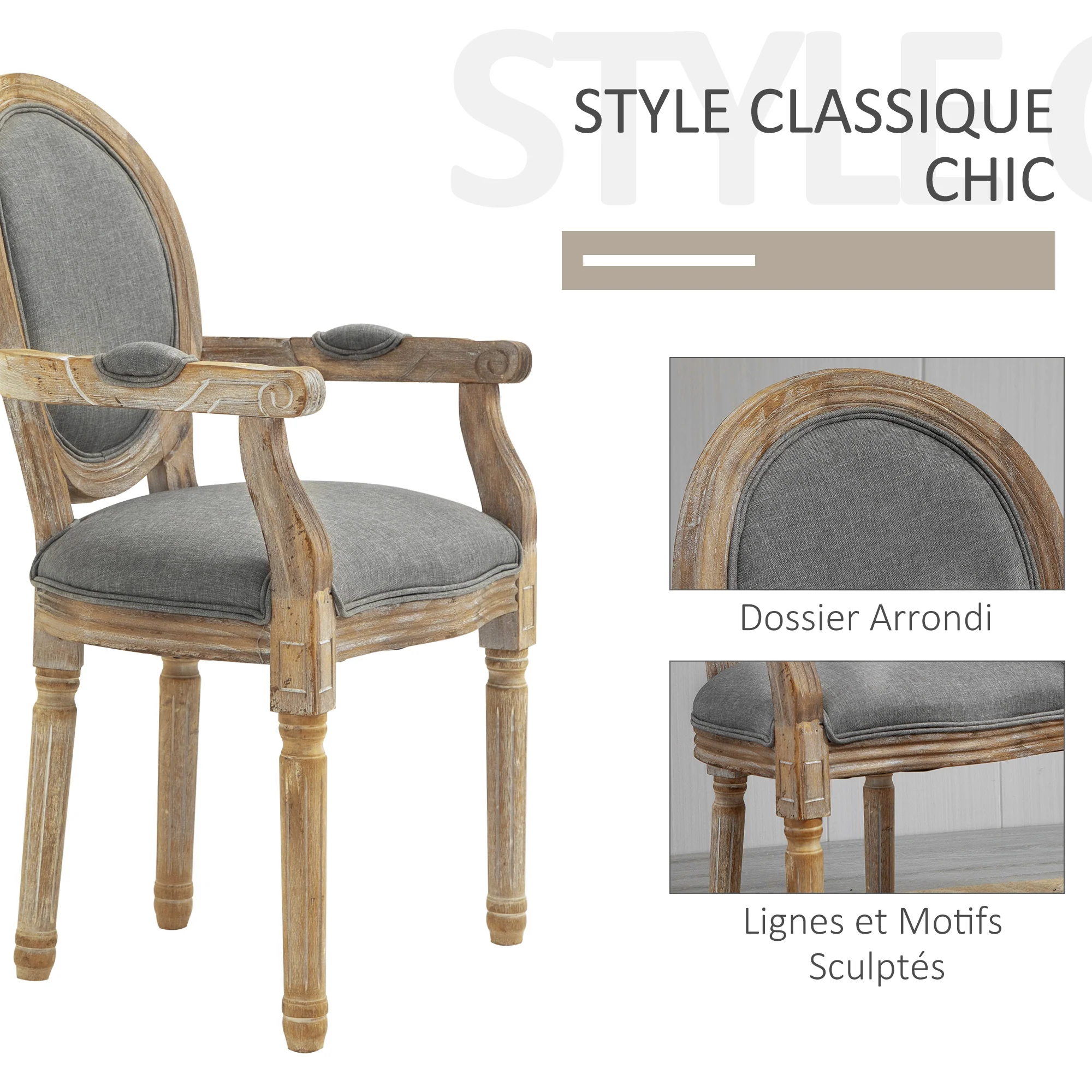 Chaise de Salle à Manger Chaise de Salon médaillon Style Louis XVI Bois Massif patiné sculpté Tissu Lin Gris - Image 6