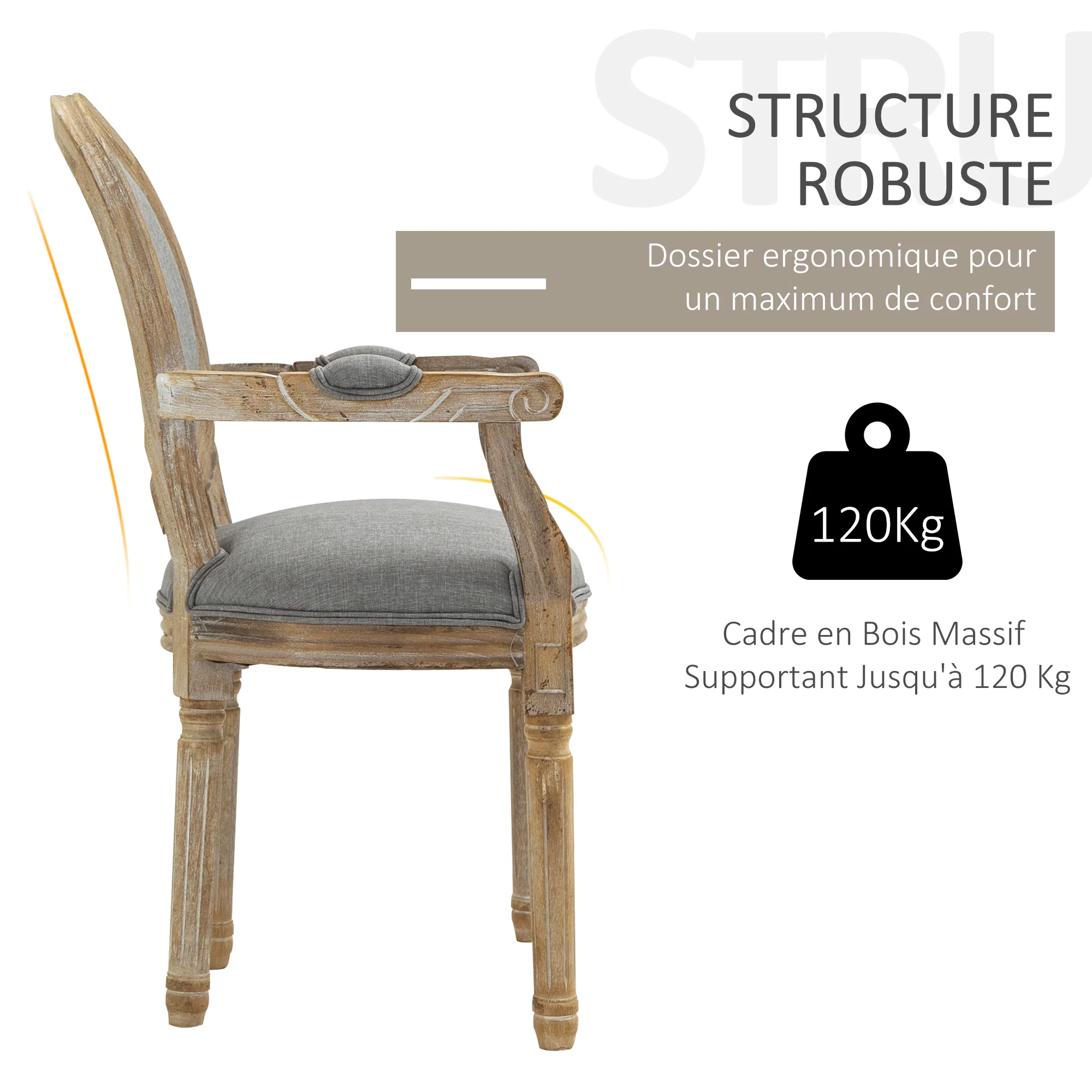 Chaise de Salle à Manger Chaise de Salon médaillon Style Louis XVI Bois Massif patiné sculpté Tissu Lin Gris - Image 7