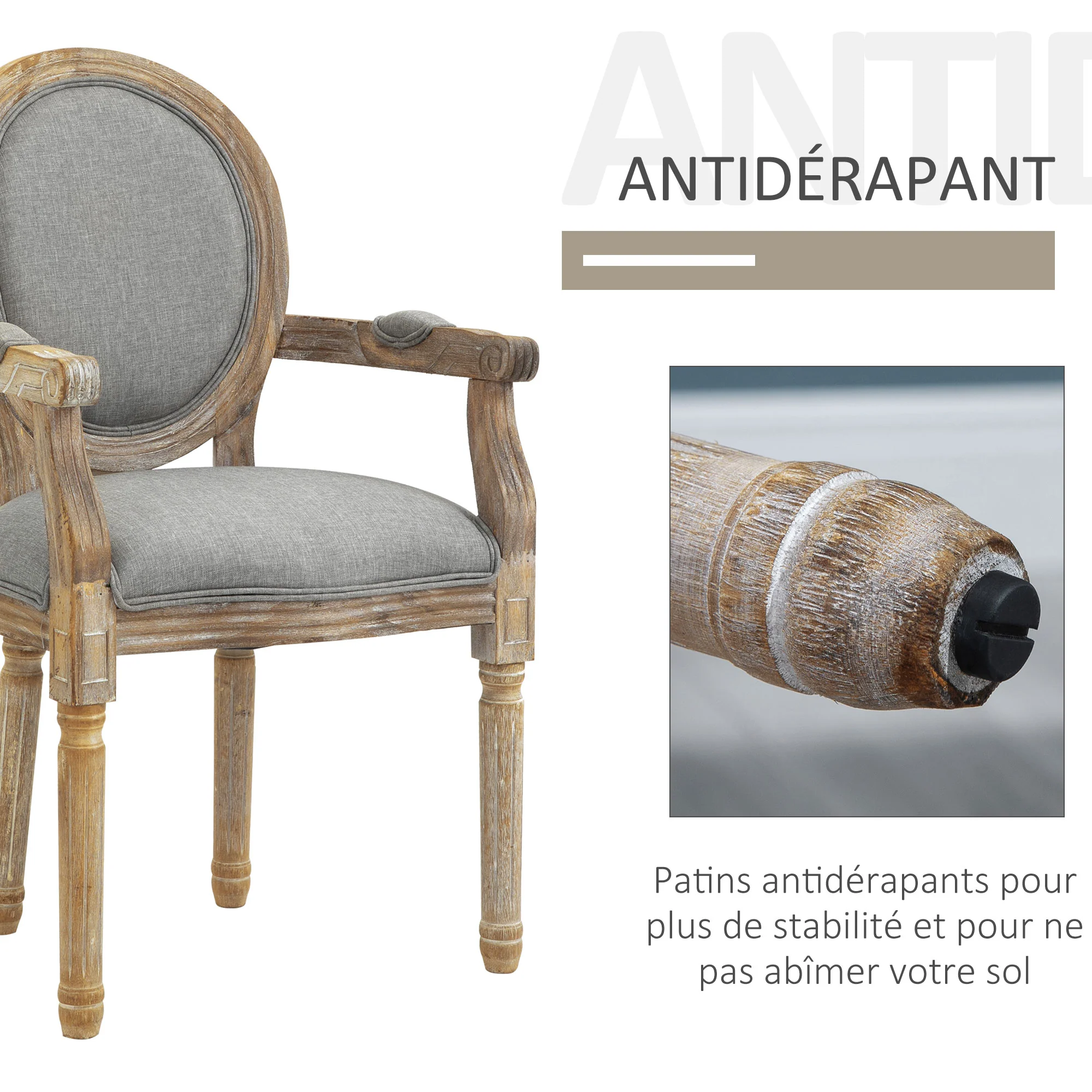 Chaise de Salle à Manger Chaise de Salon médaillon Style Louis XVI Bois Massif patiné sculpté Tissu Lin Gris - Image 8