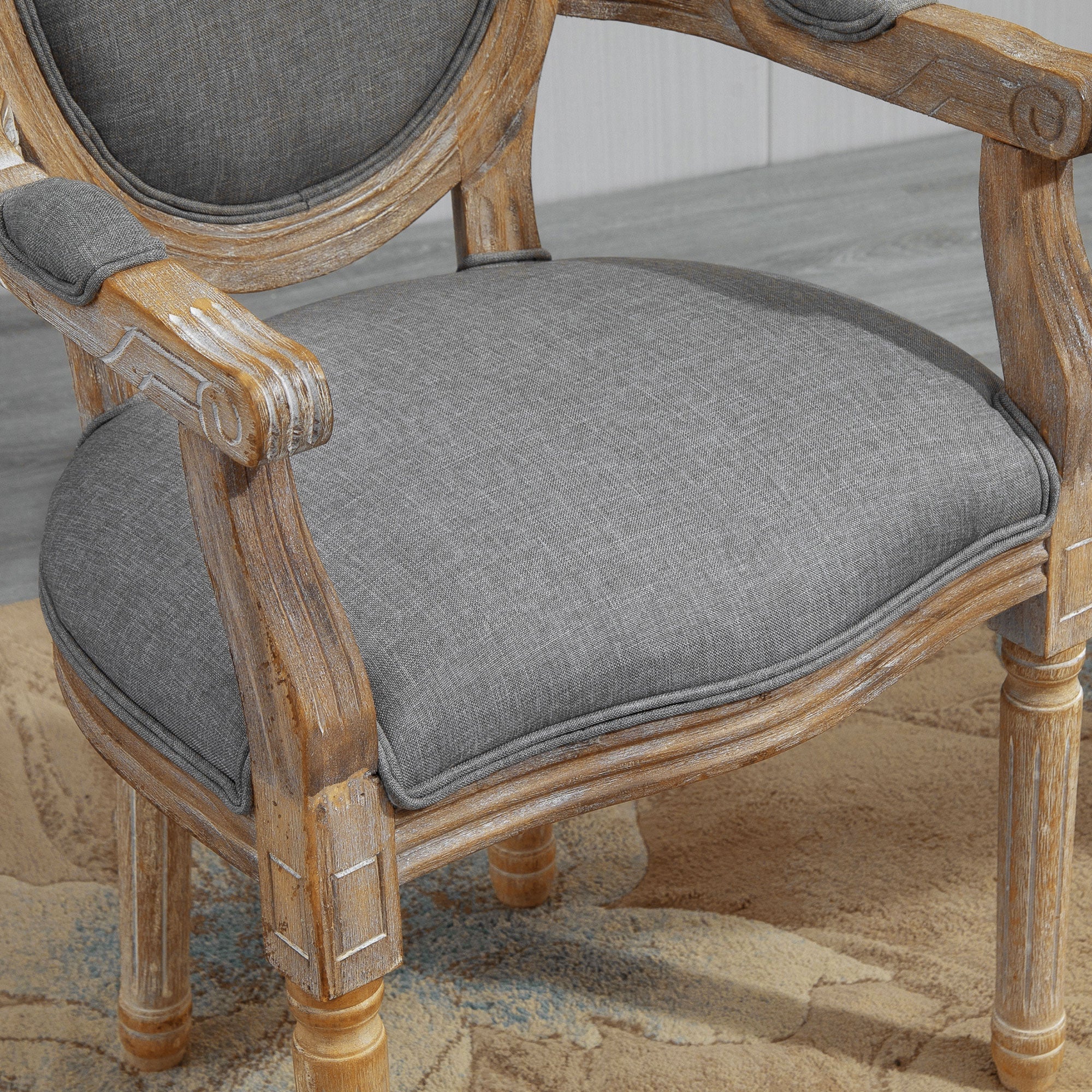 Chaise de Salle à Manger Chaise de Salon médaillon Style Louis XVI Bois Massif patiné sculpté Tissu Lin Gris - Image 9