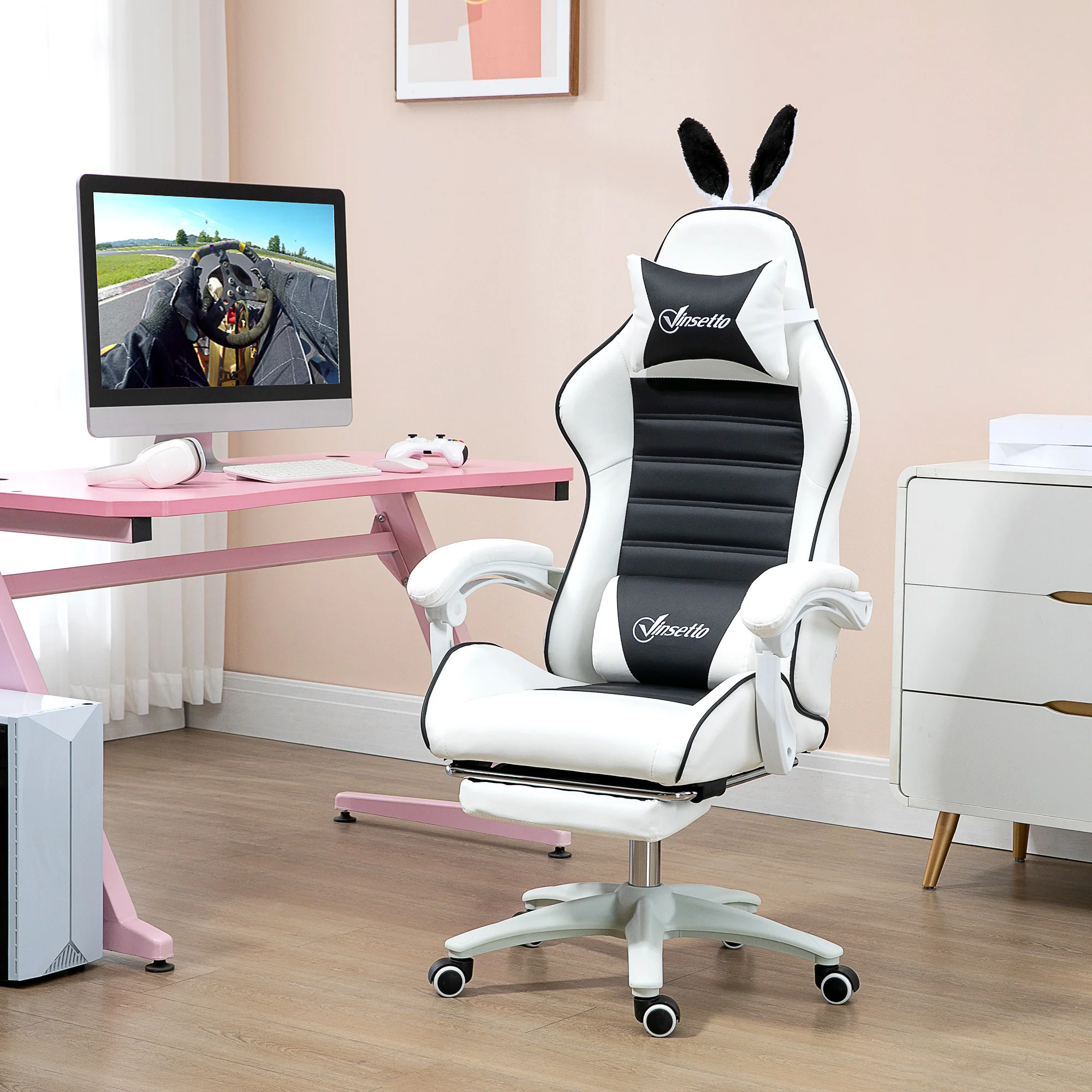Chaise gaming fauteuil gamer fauteuil de bureau ergonomique avec support lombaire, hauteur réglable, dossier inclinable, repose-pieds, oreilles de lapin et appui-tête, noir - Image 3