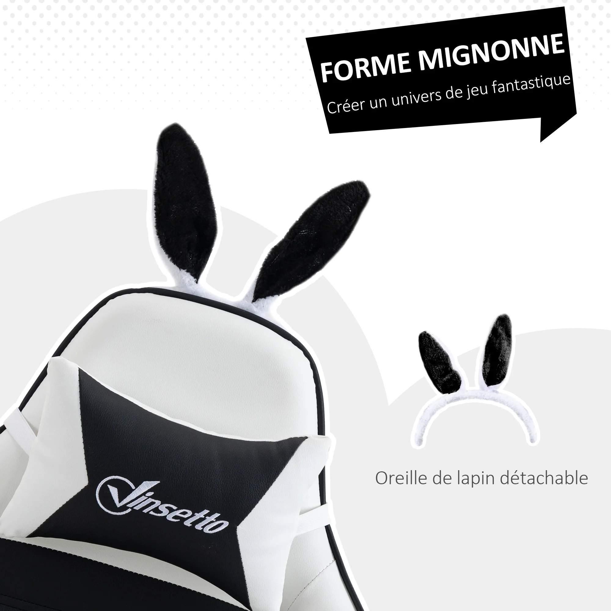 Chaise gaming fauteuil gamer fauteuil de bureau ergonomique avec support lombaire, hauteur réglable, dossier inclinable, repose-pieds, oreilles de lapin et appui-tête, noir - Image 5