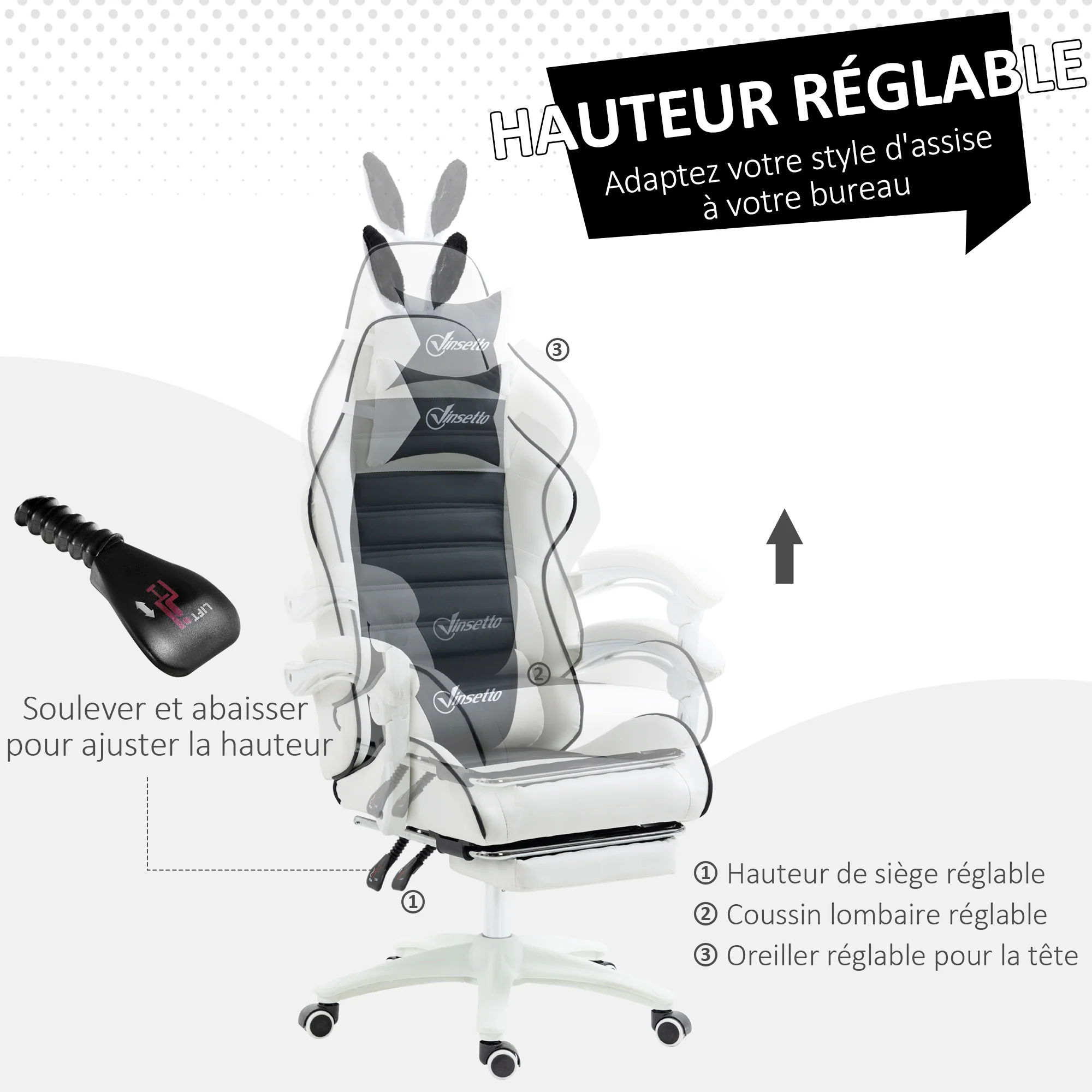 Chaise gaming fauteuil gamer fauteuil de bureau ergonomique avec support lombaire, hauteur réglable, dossier inclinable, repose-pieds, oreilles de lapin et appui-tête, noir - Image 6