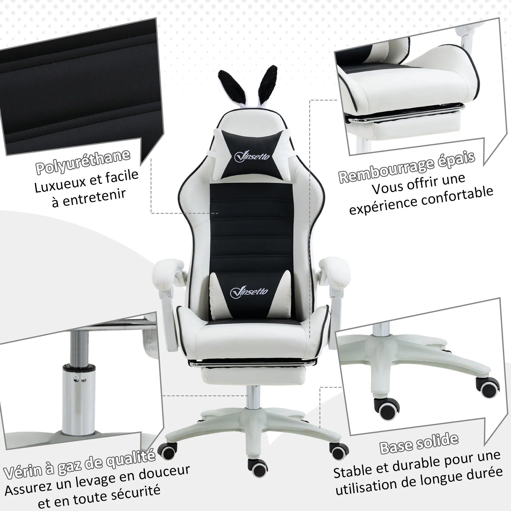 Chaise gaming fauteuil gamer fauteuil de bureau ergonomique avec support lombaire, hauteur réglable, dossier inclinable, repose-pieds, oreilles de lapin et appui-tête, noir - Image 9