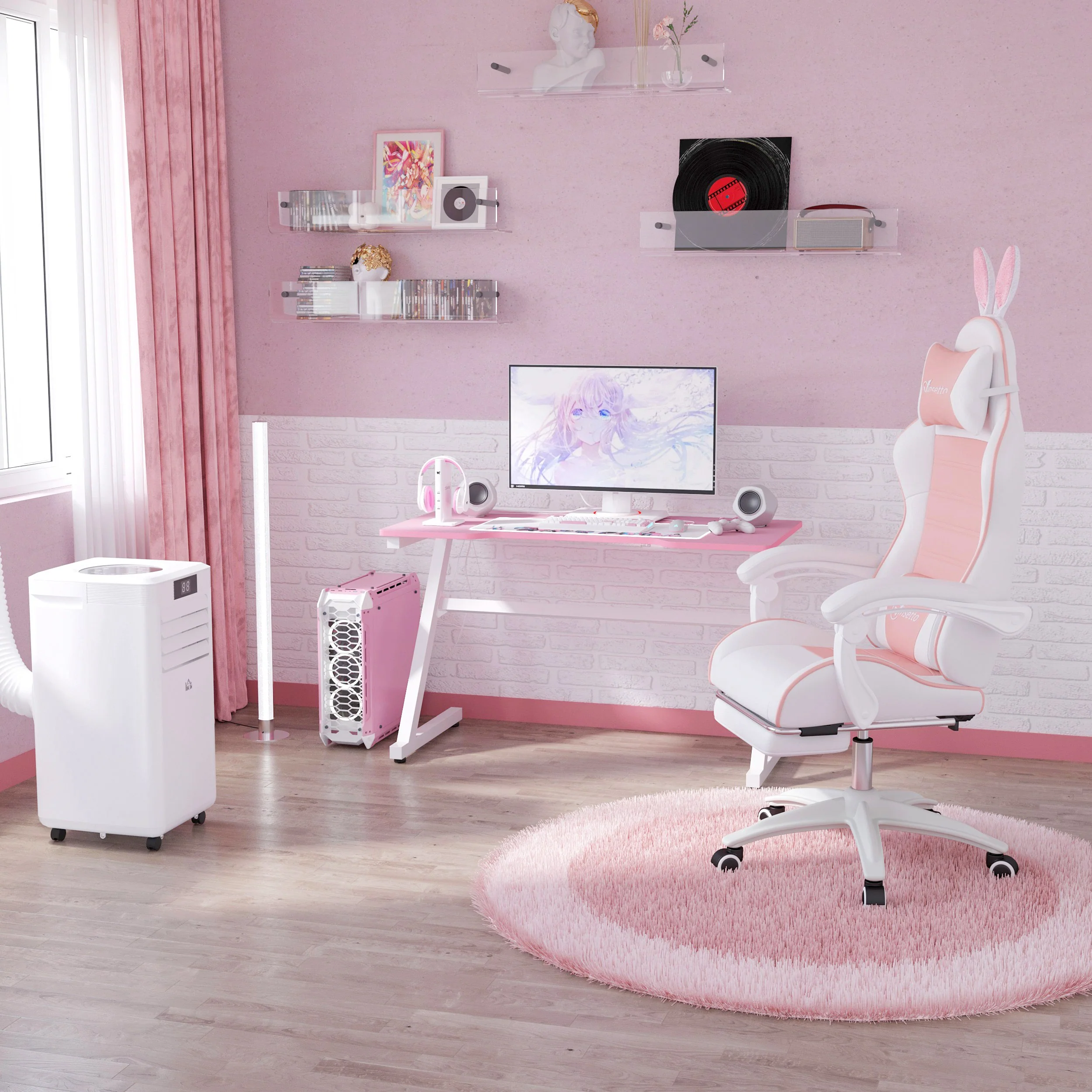Chaise gaming fauteuil gamer fauteuil de bureau ergonomique avec support lombaire, hauteur réglable, dossier inclinable, repose-pieds, oreilles de lapin et appui-tête, rose - Image 10
