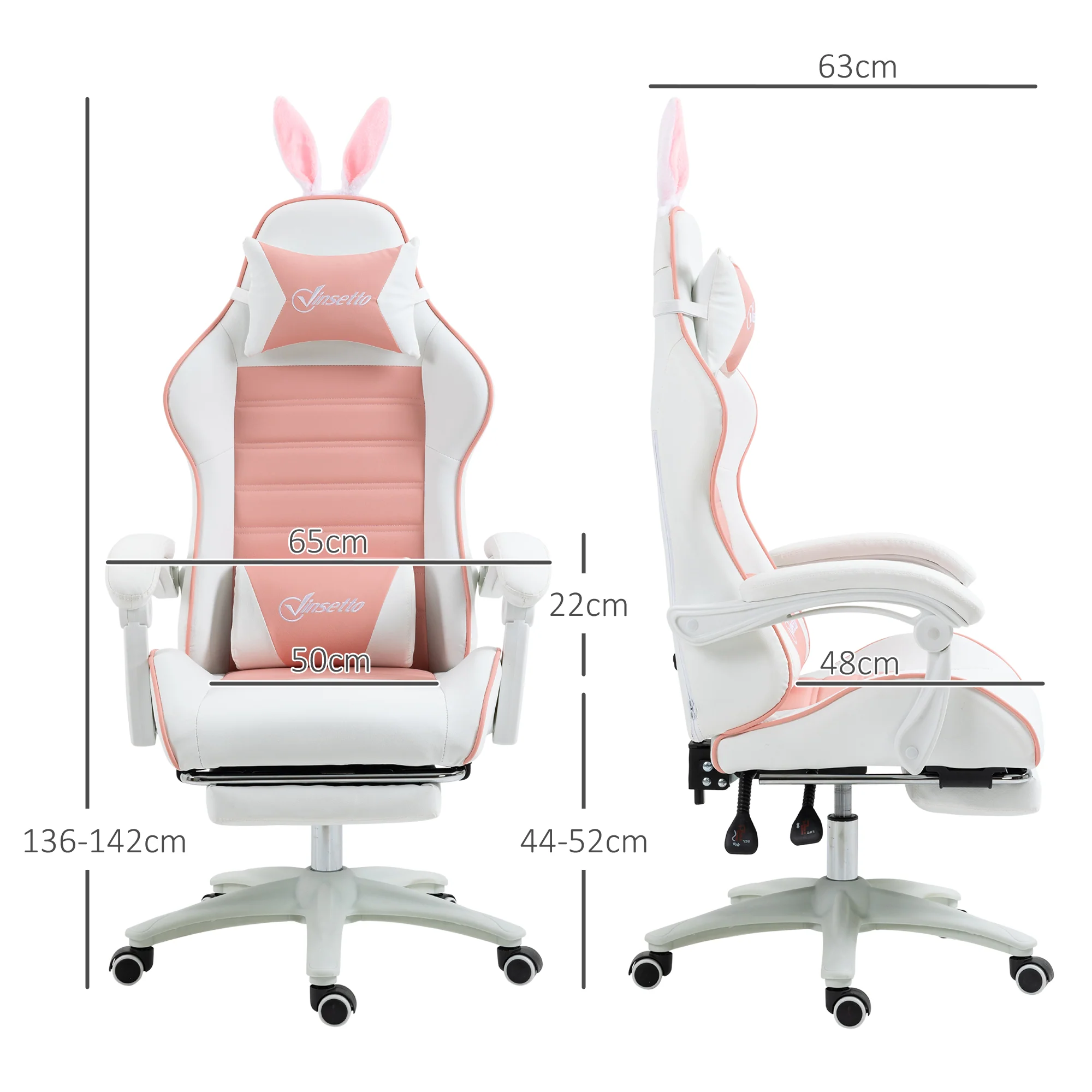 Chaise gaming fauteuil gamer fauteuil de bureau ergonomique avec support lombaire, hauteur réglable, dossier inclinable, repose-pieds, oreilles de lapin et appui-tête, rose - Image 4