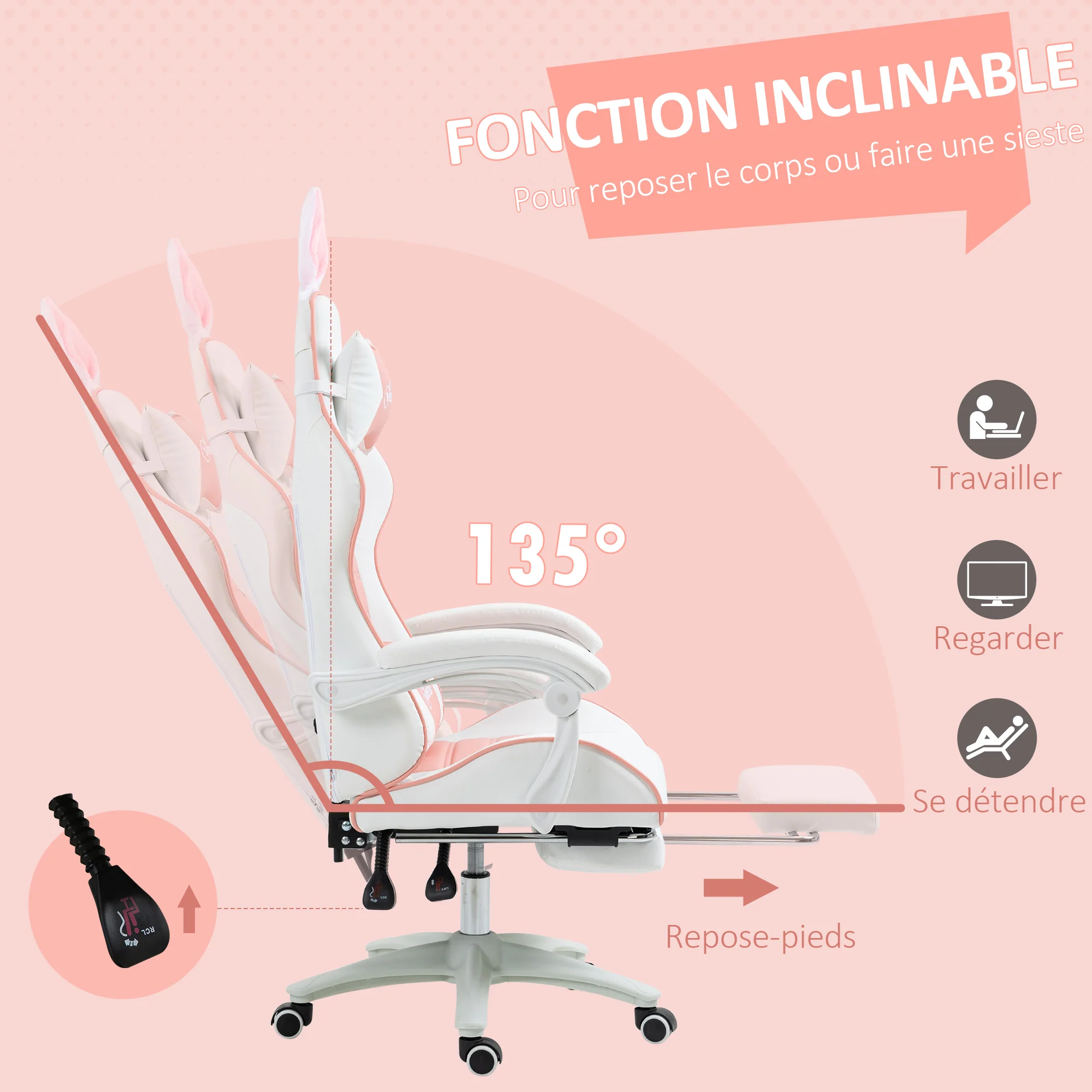 Chaise gaming fauteuil gamer fauteuil de bureau ergonomique avec support lombaire, hauteur réglable, dossier inclinable, repose-pieds, oreilles de lapin et appui-tête, rose - Image 7