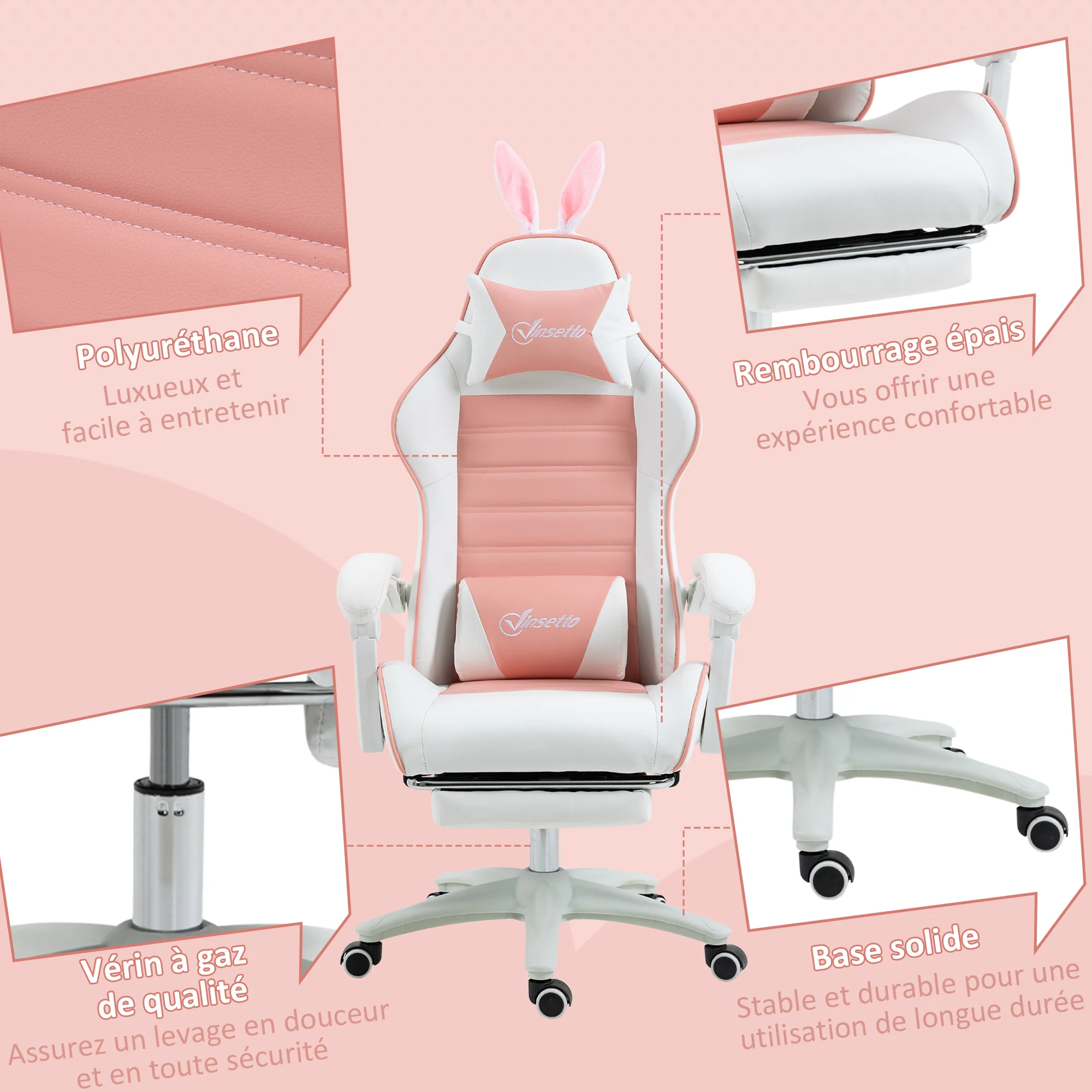 Chaise gaming fauteuil gamer fauteuil de bureau ergonomique avec support lombaire, hauteur réglable, dossier inclinable, repose-pieds, oreilles de lapin et appui-tête, rose - Image 9