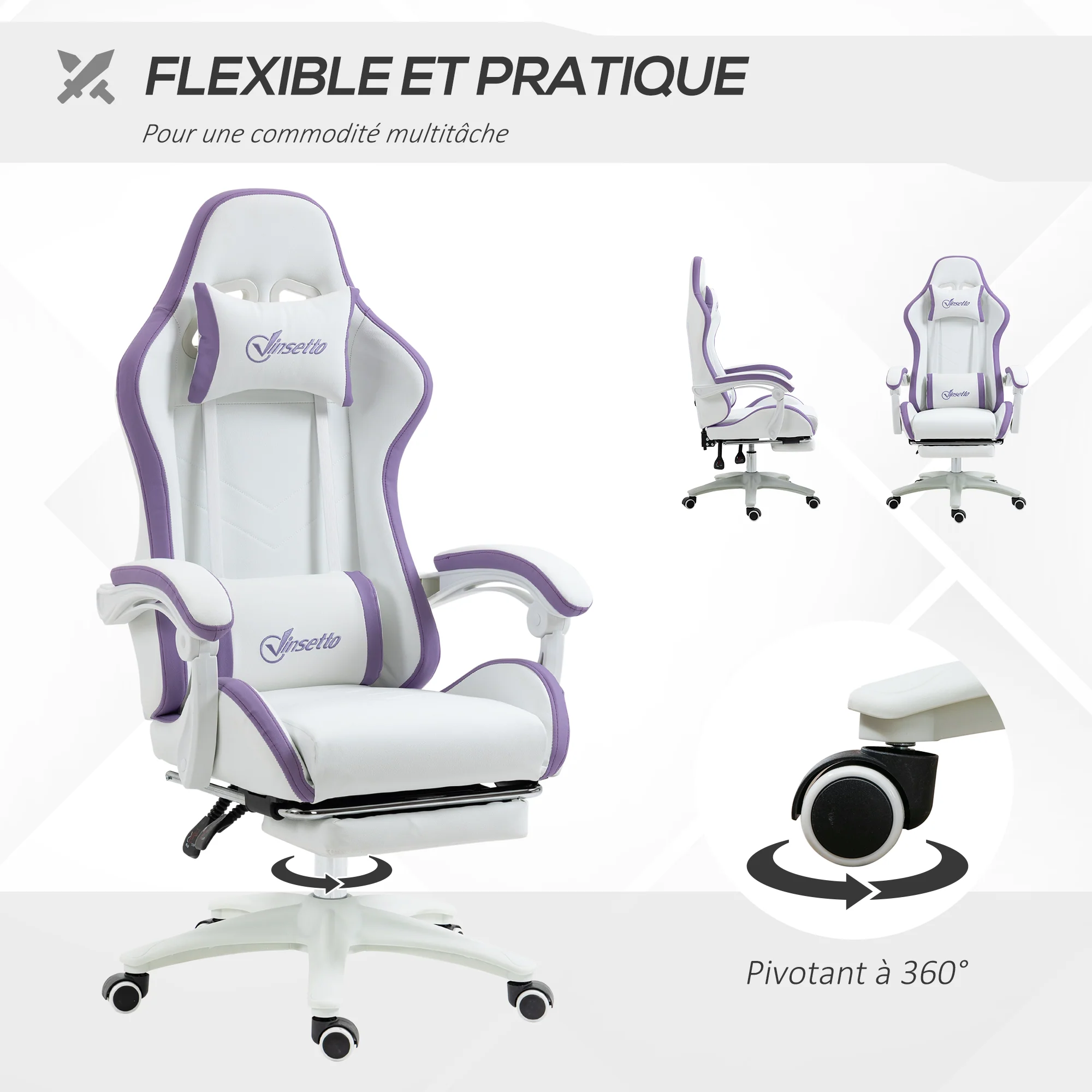 Chaise gaming fauteuil gaming ergonomique repose-pieds télescopique, dossier inclinable à 135°, appui-tête réglable et soutien lombaire, fauteuil de bureau 360° rotatif en similicuir, blanc - Image 6
