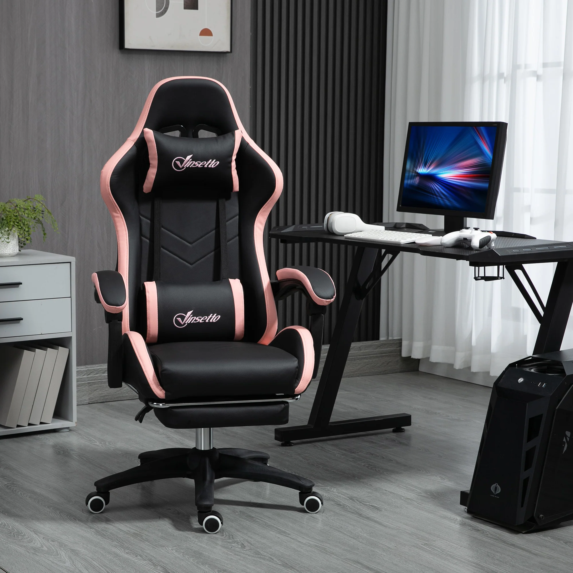Chaise gaming fauteuil gaming ergonomique repose-pieds télescopique, dossier inclinable à 135°, appui-tête réglable et soutien lombaire, fauteuil de bureau 360° rotatif en similicuir, rose - Image 3