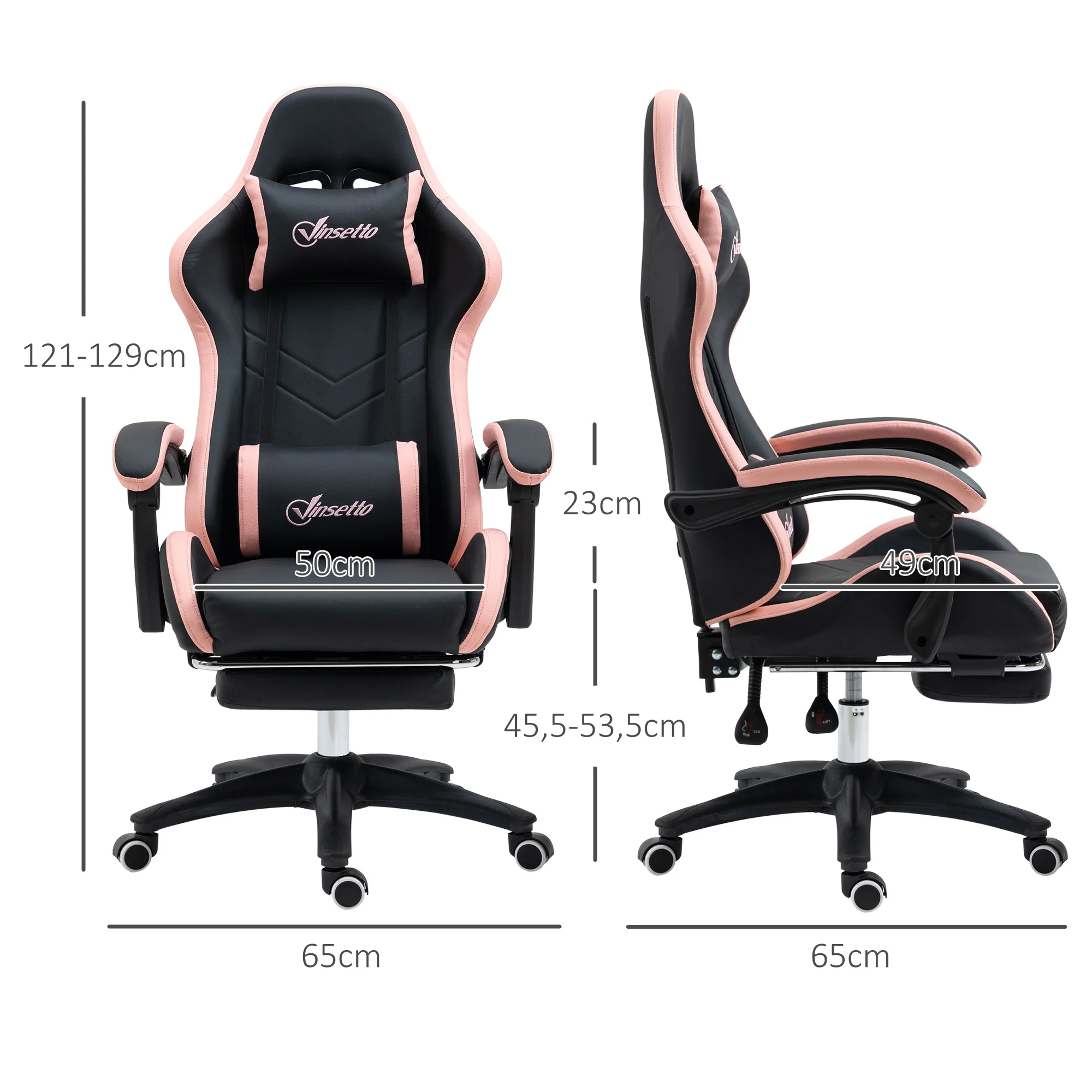 Chaise gaming fauteuil gaming ergonomique repose-pieds télescopique, dossier inclinable à 135°, appui-tête réglable et soutien lombaire, fauteuil de bureau 360° rotatif en similicuir, rose - Image 4