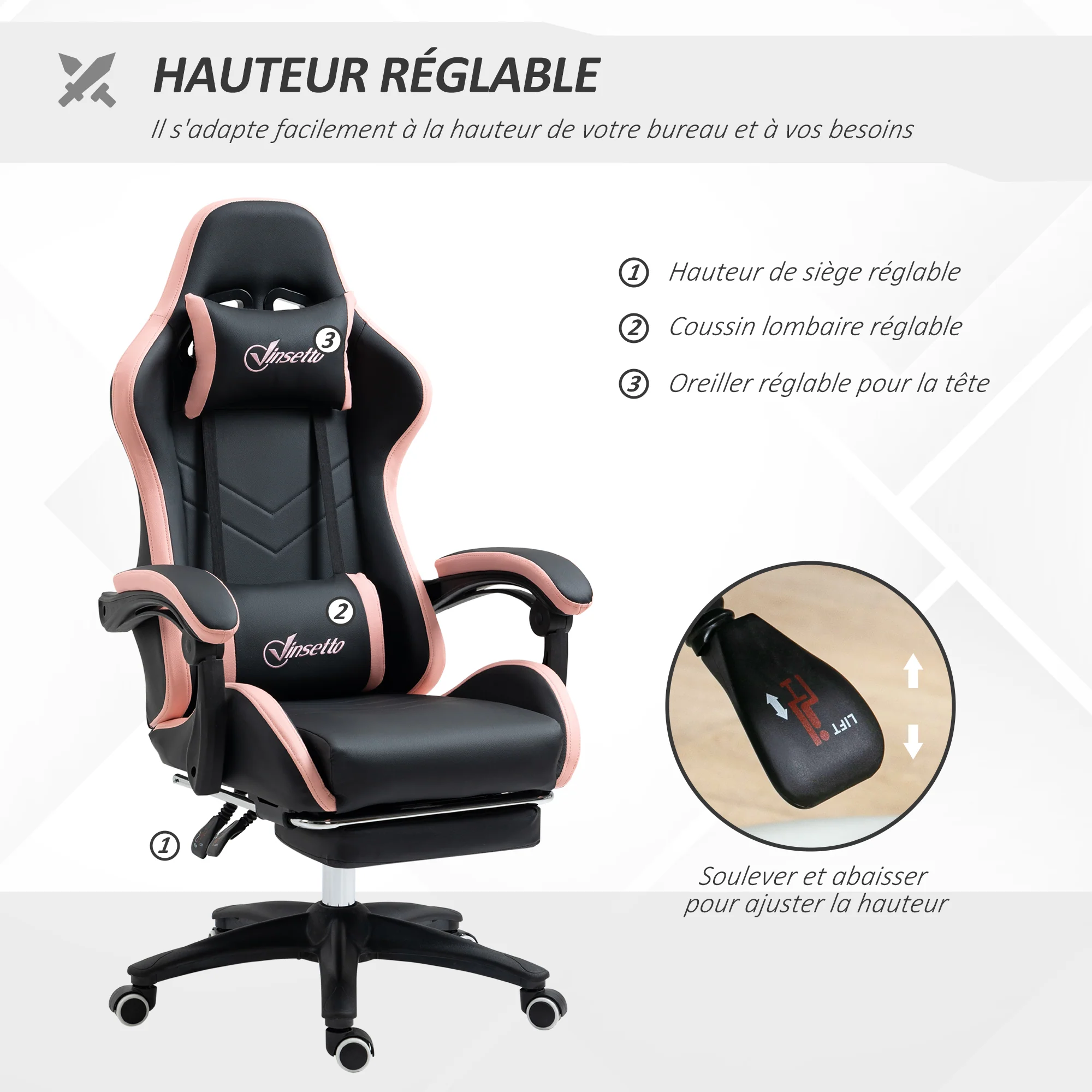 Chaise gaming fauteuil gaming ergonomique repose-pieds télescopique, dossier inclinable à 135°, appui-tête réglable et soutien lombaire, fauteuil de bureau 360° rotatif en similicuir, rose - Image 5