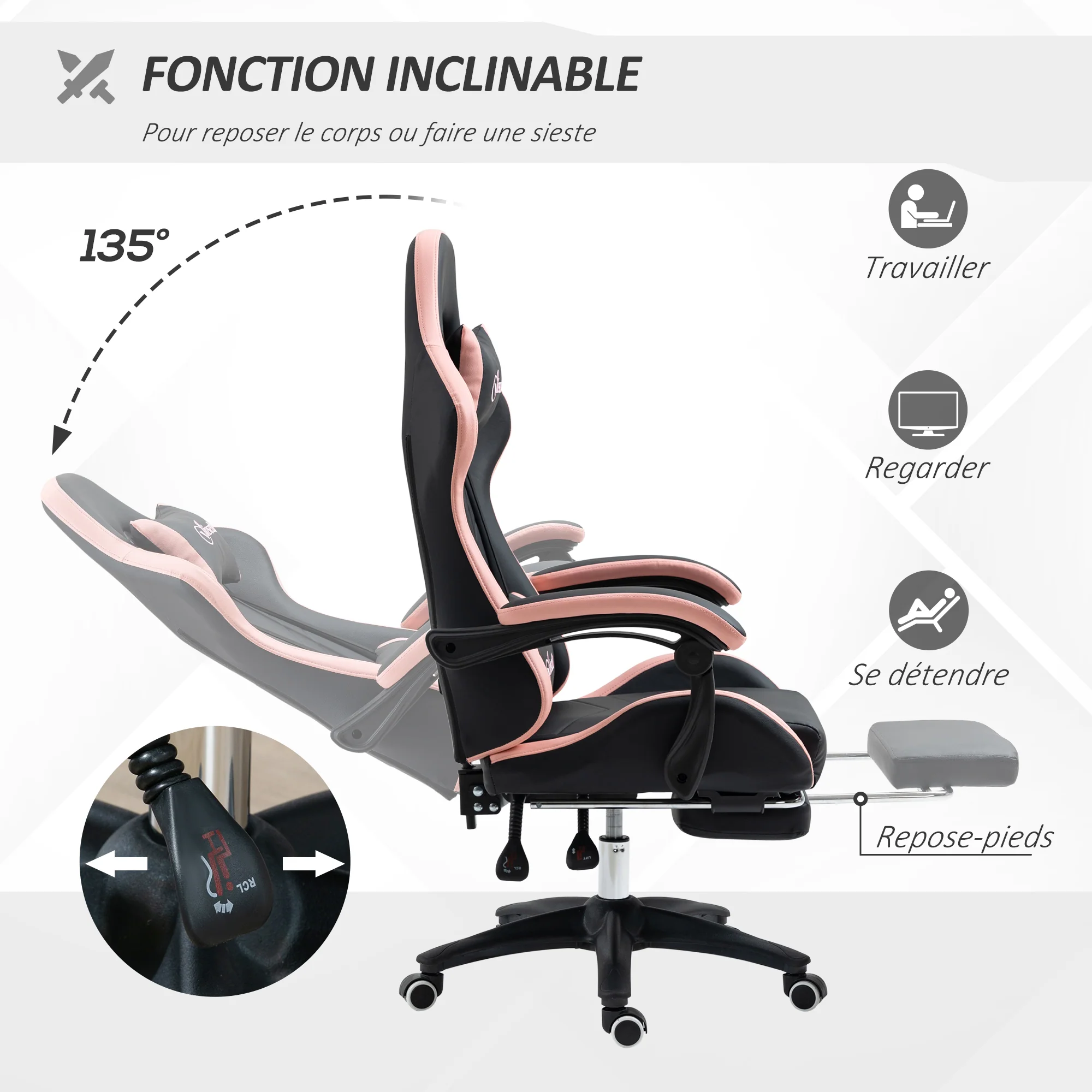 Chaise gaming fauteuil gaming ergonomique repose-pieds télescopique, dossier inclinable à 135°, appui-tête réglable et soutien lombaire, fauteuil de bureau 360° rotatif en similicuir, rose - Image 6