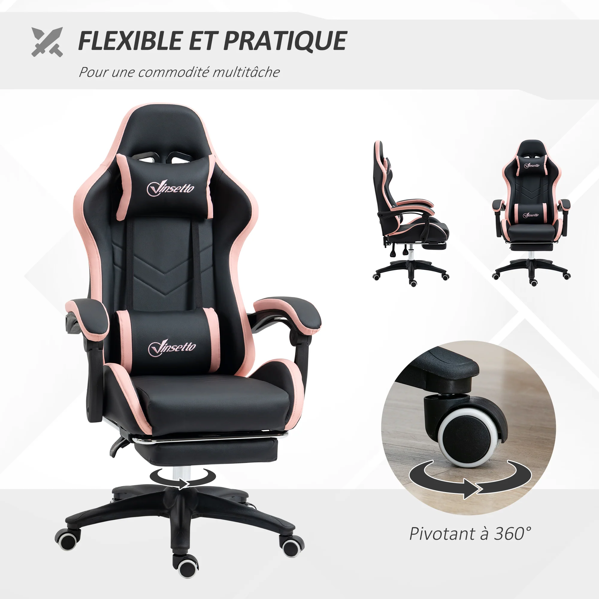 Chaise gaming fauteuil gaming ergonomique repose-pieds télescopique, dossier inclinable à 135°, appui-tête réglable et soutien lombaire, fauteuil de bureau 360° rotatif en similicuir, rose - Image 7