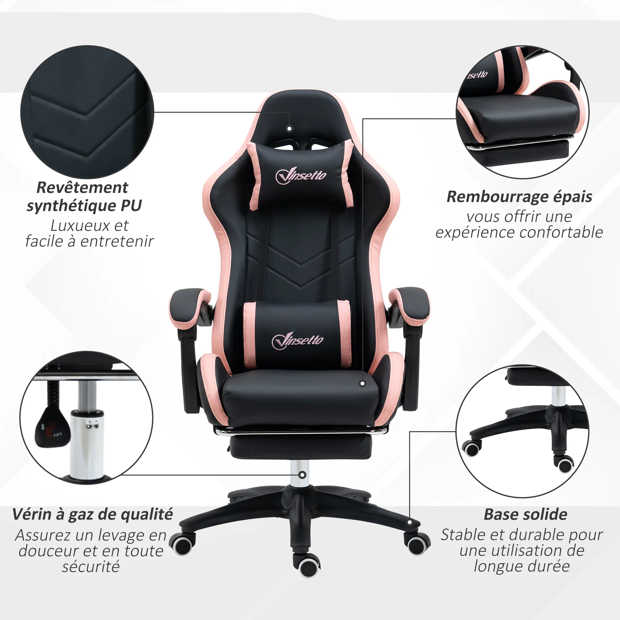 Chaise gaming fauteuil gaming ergonomique repose-pieds télescopique, dossier inclinable à 135°, appui-tête réglable et soutien lombaire, fauteuil de bureau 360° rotatif en similicuir, rose - Image 8