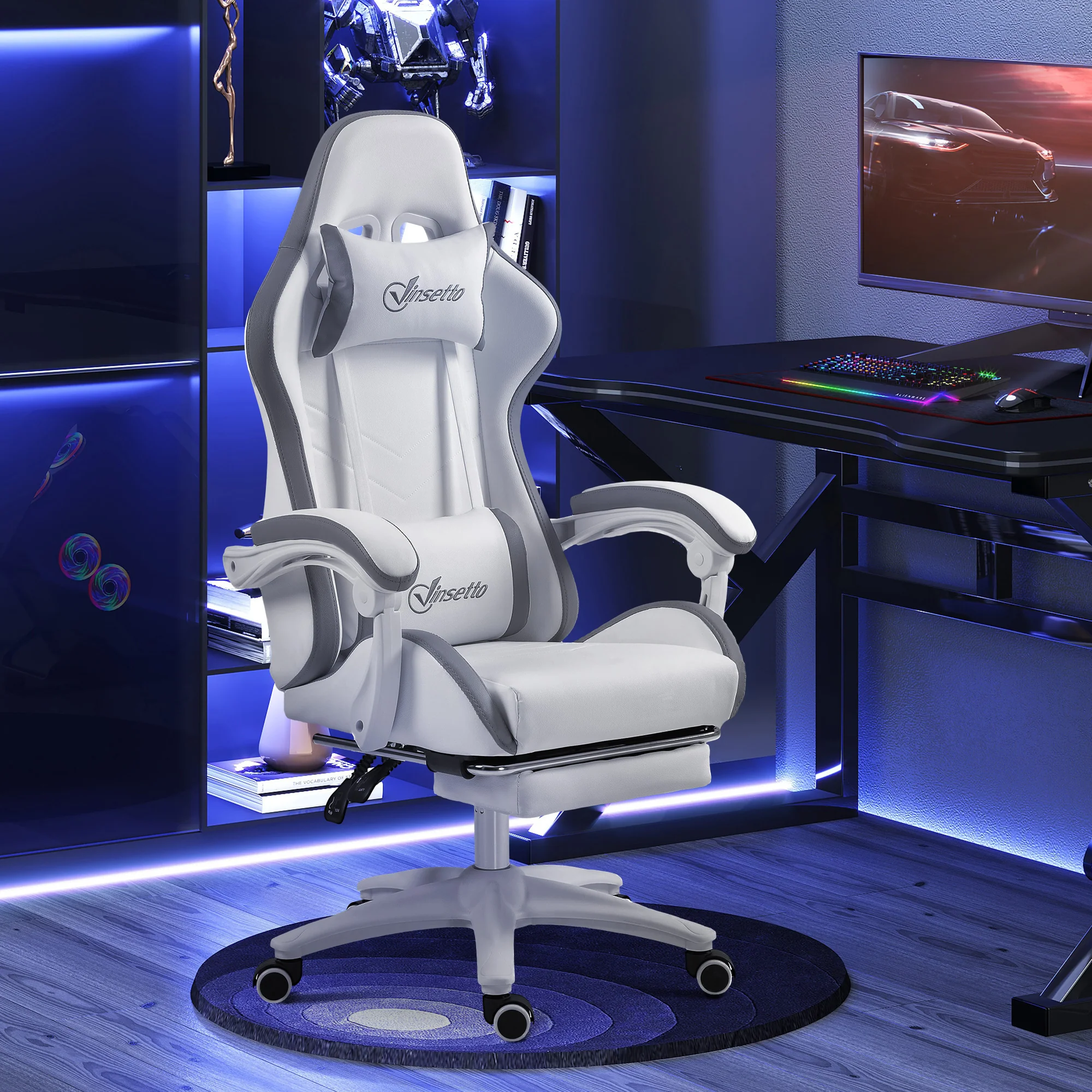 Chaise gaming fauteuil gaming ergonomique repose-pieds télescopique, dossier inclinable à 135°, appui-tête réglable et soutien lombaire, fauteuil de bureau 360° rotatif en similicuir, blanc - Image 3