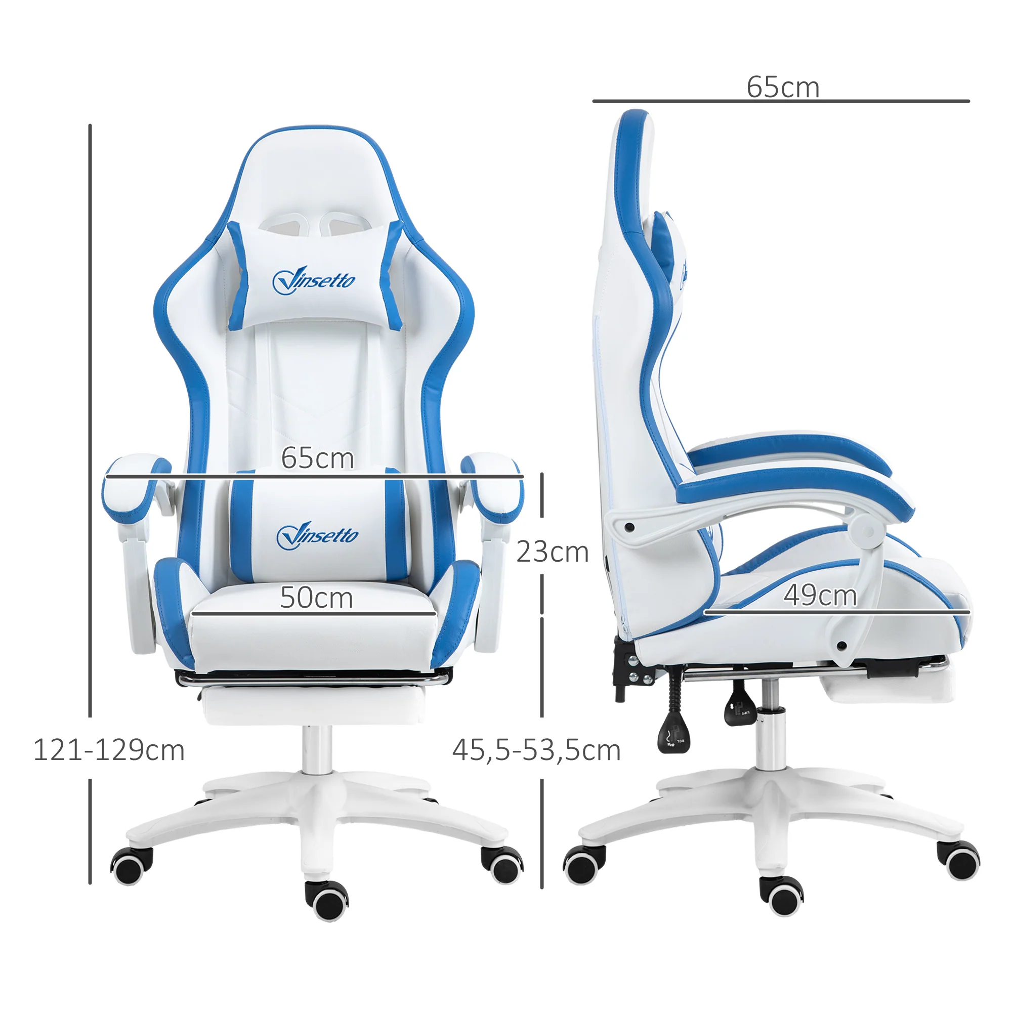 Chaise gaming fauteuil gaming ergonomique repose-pieds télescopique, dossier inclinable à 135°, appui-tête réglable et soutien lombaire, fauteuil de bureau 360° rotatif en similicuir, blanc - Image 4