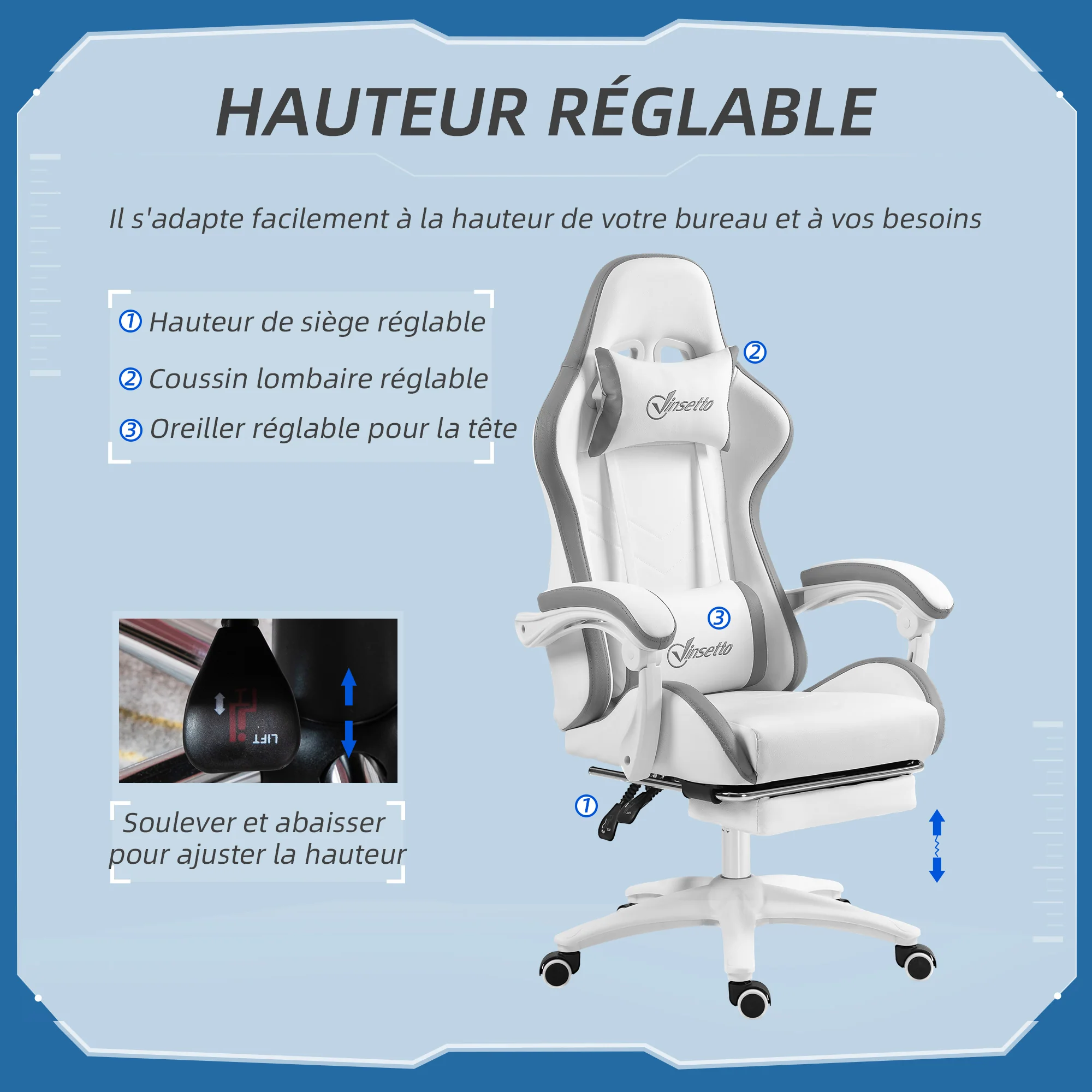 Chaise gaming fauteuil gaming ergonomique repose-pieds télescopique, dossier inclinable à 135°, appui-tête réglable et soutien lombaire, fauteuil de bureau 360° rotatif en similicuir, blanc - Image 5