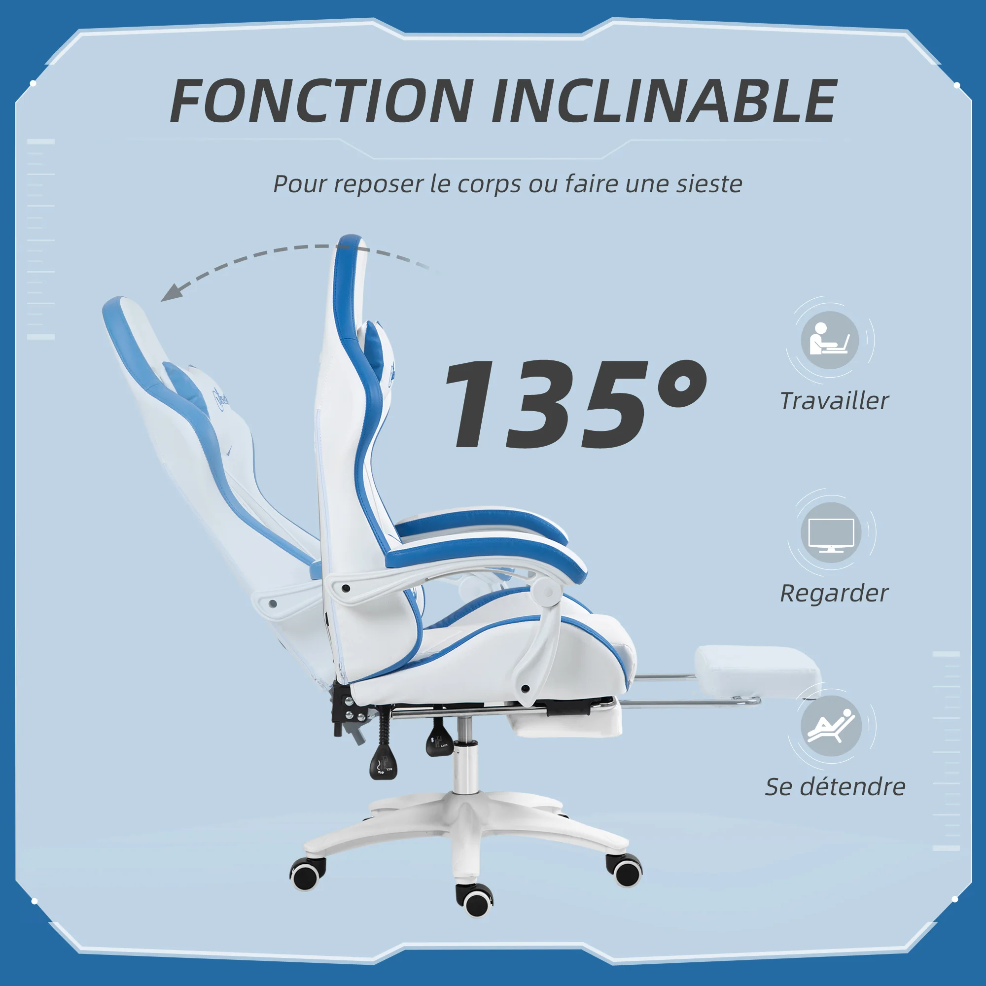 Chaise gaming fauteuil gaming ergonomique repose-pieds télescopique, dossier inclinable à 135°, appui-tête réglable et soutien lombaire, fauteuil de bureau 360° rotatif en similicuir, blanc - Image 6