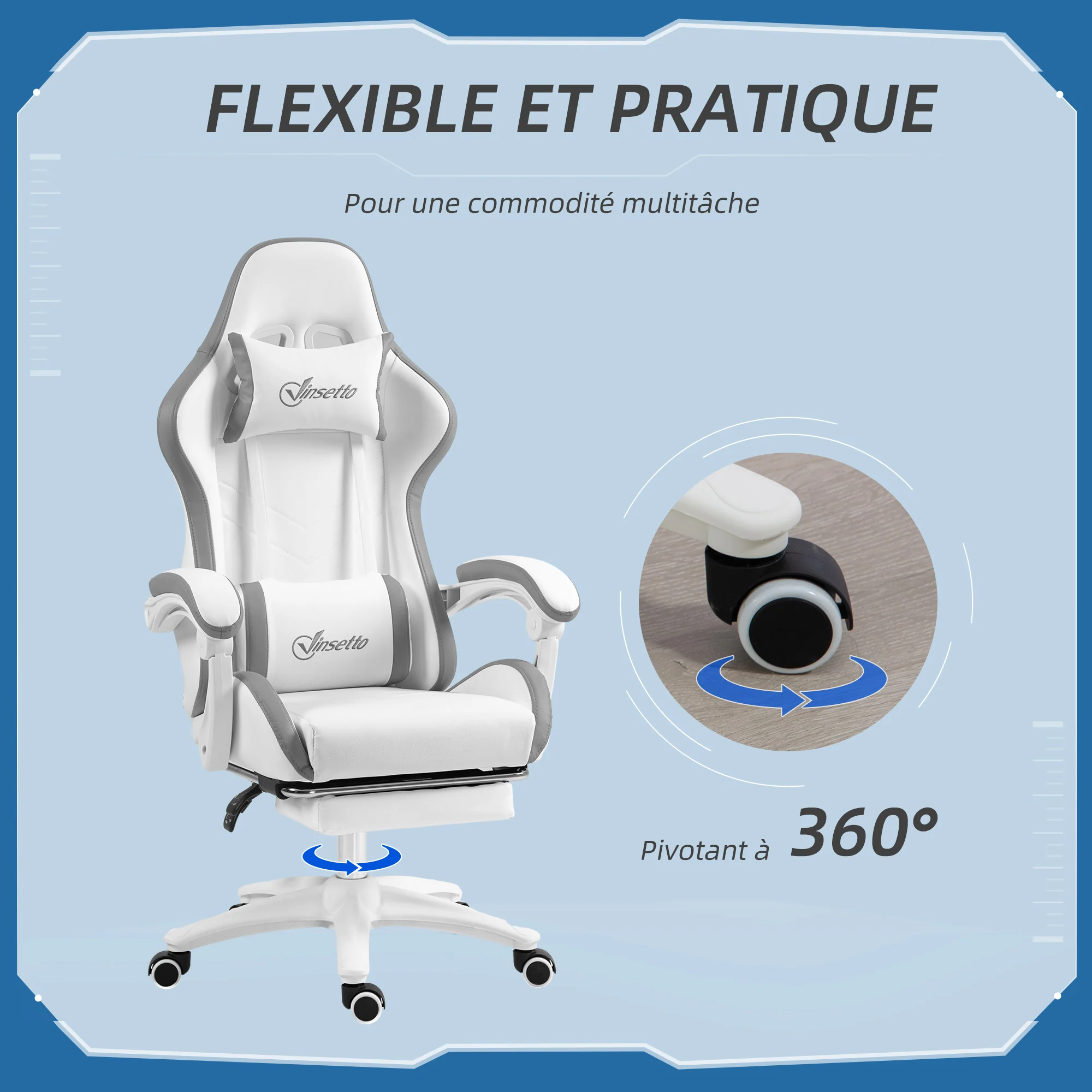 Chaise gaming fauteuil gaming ergonomique repose-pieds télescopique, dossier inclinable à 135°, appui-tête réglable et soutien lombaire, fauteuil de bureau 360° rotatif en similicuir, blanc - Image 7