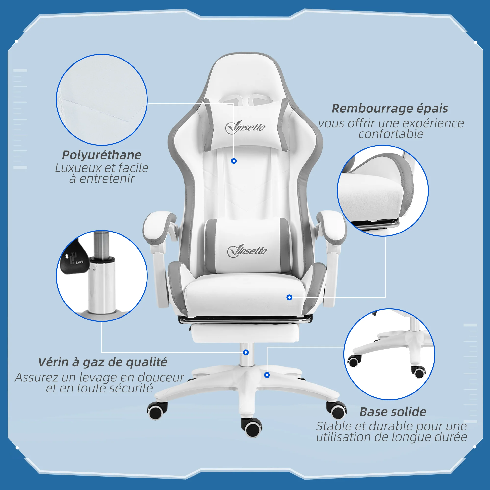 Chaise gaming fauteuil gaming ergonomique repose-pieds télescopique, dossier inclinable à 135°, appui-tête réglable et soutien lombaire, fauteuil de bureau 360° rotatif en similicuir, blanc - Image 8