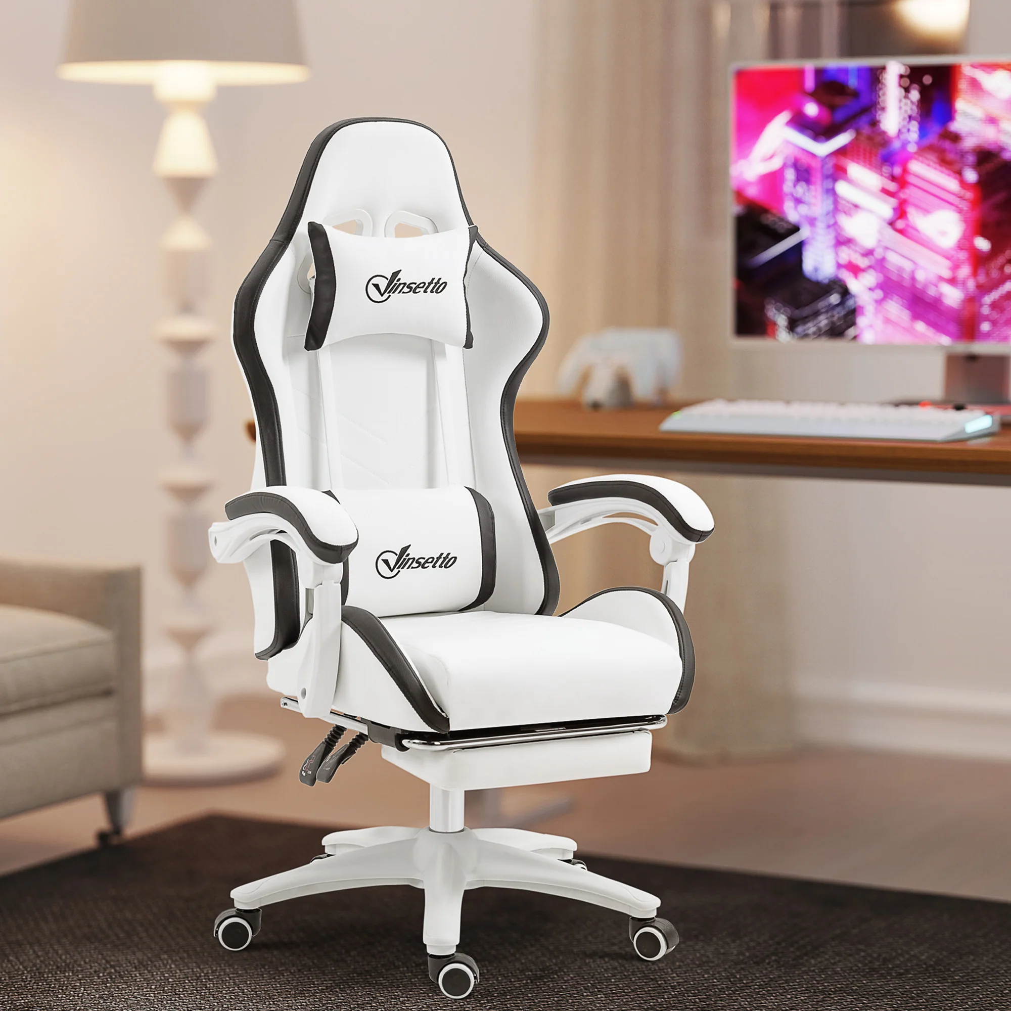 Chaise gaming fauteuil gaming ergonomique repose-pieds télescopique, dossier inclinable à 135°, appui-tête réglable et soutien lombaire, fauteuil de bureau 360° rotatif en similicuir, blanc - Image 3