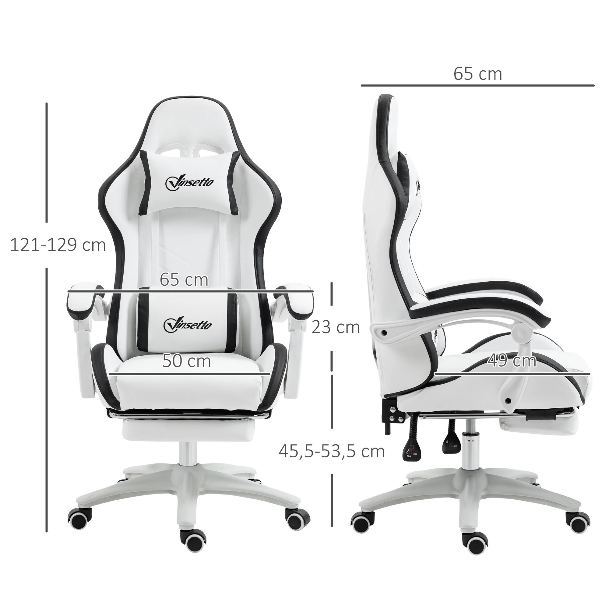 Chaise gaming fauteuil gaming ergonomique repose-pieds télescopique, dossier inclinable à 135°, appui-tête réglable et soutien lombaire, fauteuil de bureau 360° rotatif en similicuir, blanc - Image 4