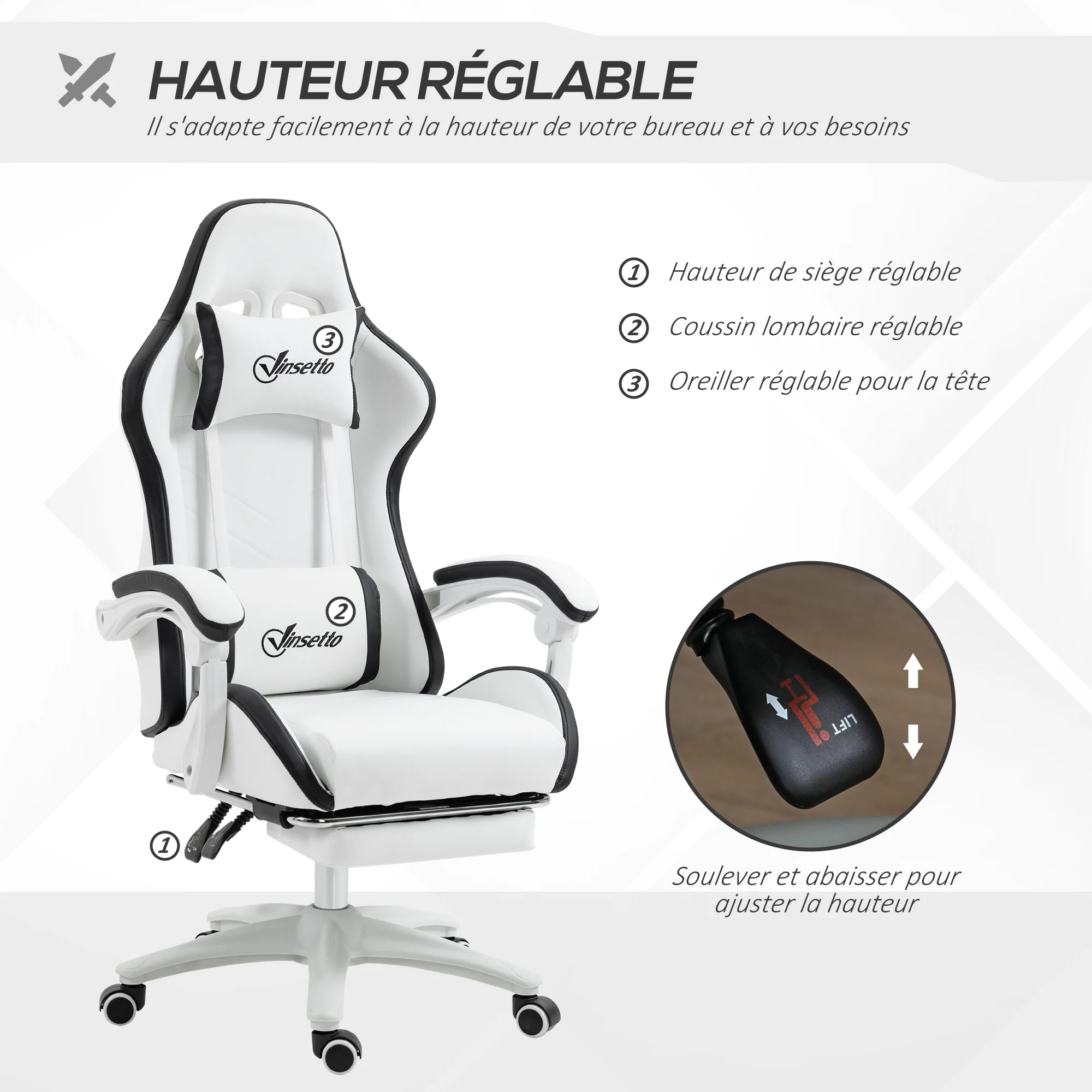 Chaise gaming fauteuil gaming ergonomique repose-pieds télescopique, dossier inclinable à 135°, appui-tête réglable et soutien lombaire, fauteuil de bureau 360° rotatif en similicuir, blanc - Image 5