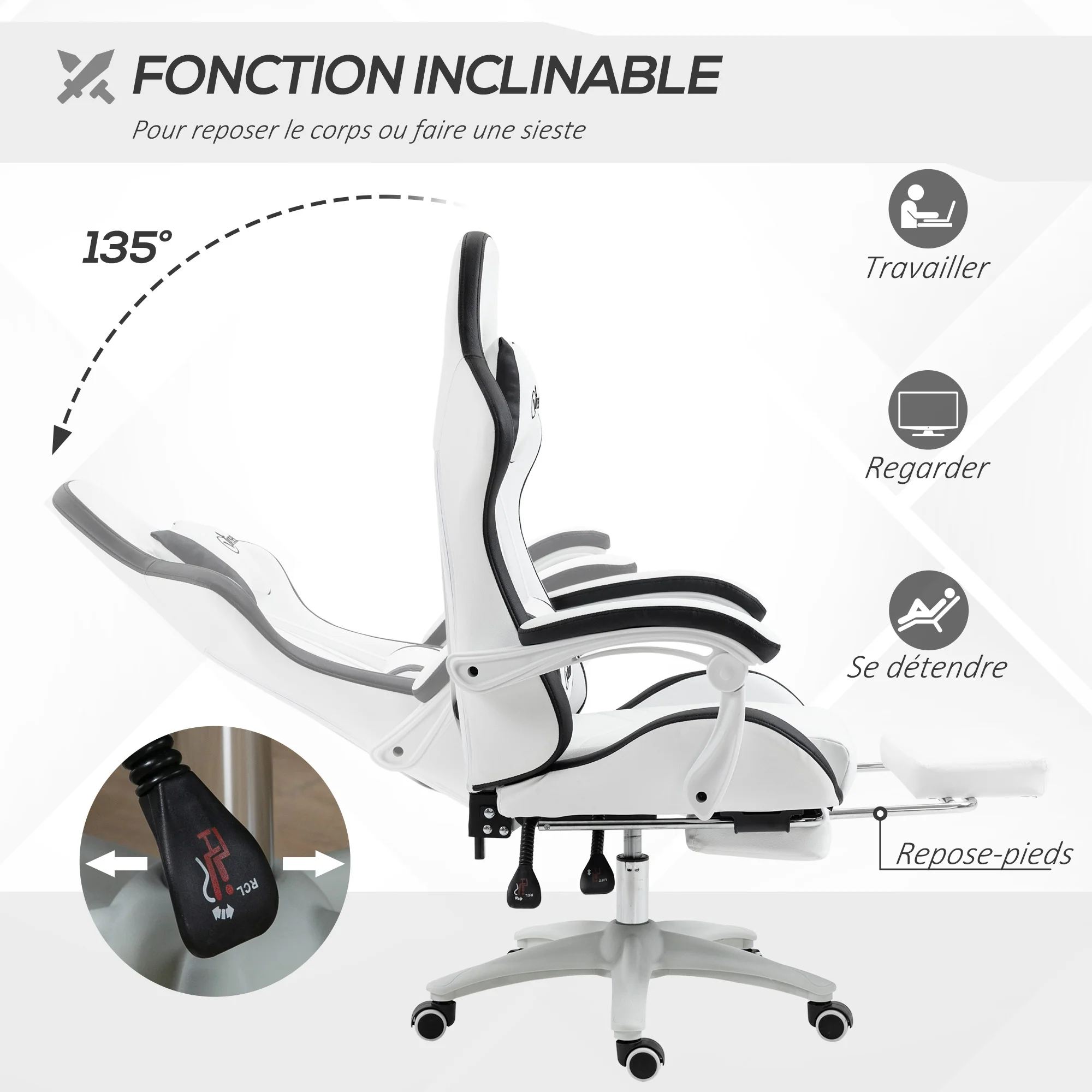 Chaise gaming fauteuil gaming ergonomique repose-pieds télescopique, dossier inclinable à 135°, appui-tête réglable et soutien lombaire, fauteuil de bureau 360° rotatif en similicuir, blanc - Image 6
