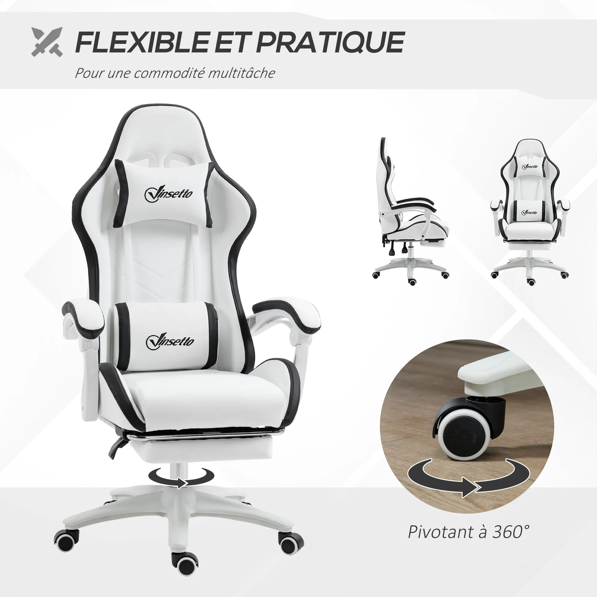 Chaise gaming fauteuil gaming ergonomique repose-pieds télescopique, dossier inclinable à 135°, appui-tête réglable et soutien lombaire, fauteuil de bureau 360° rotatif en similicuir, blanc - Image 7