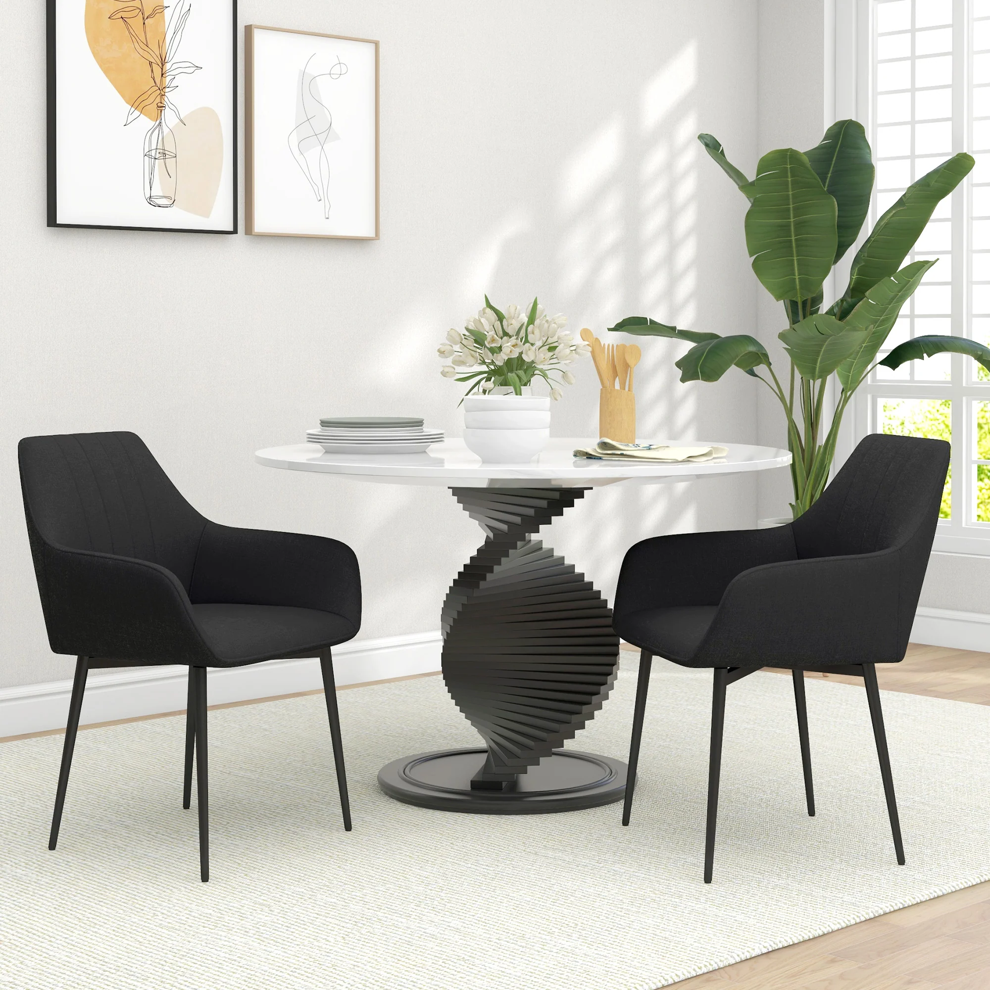 Chaises de Salle à Manger Chaises de Visiteur Design scandinave - Lot de 2 chaises - Pieds effilés métal Noir - Assise Dossier accoudoirs ergonomiques Lin Noir - Image 3