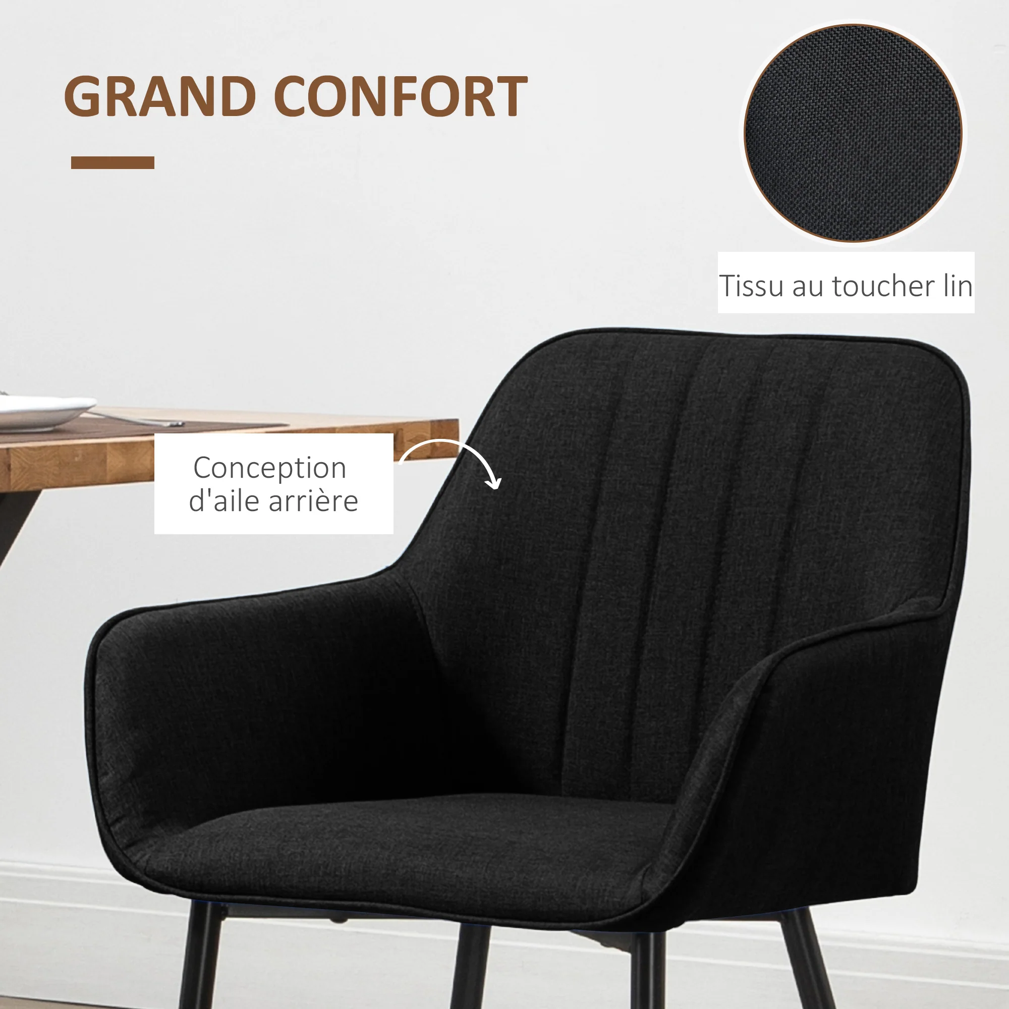 Chaises de Salle à Manger Chaises de Visiteur Design scandinave - Lot de 2 chaises - Pieds effilés métal Noir - Assise Dossier accoudoirs ergonomiques Lin Noir - Image 6