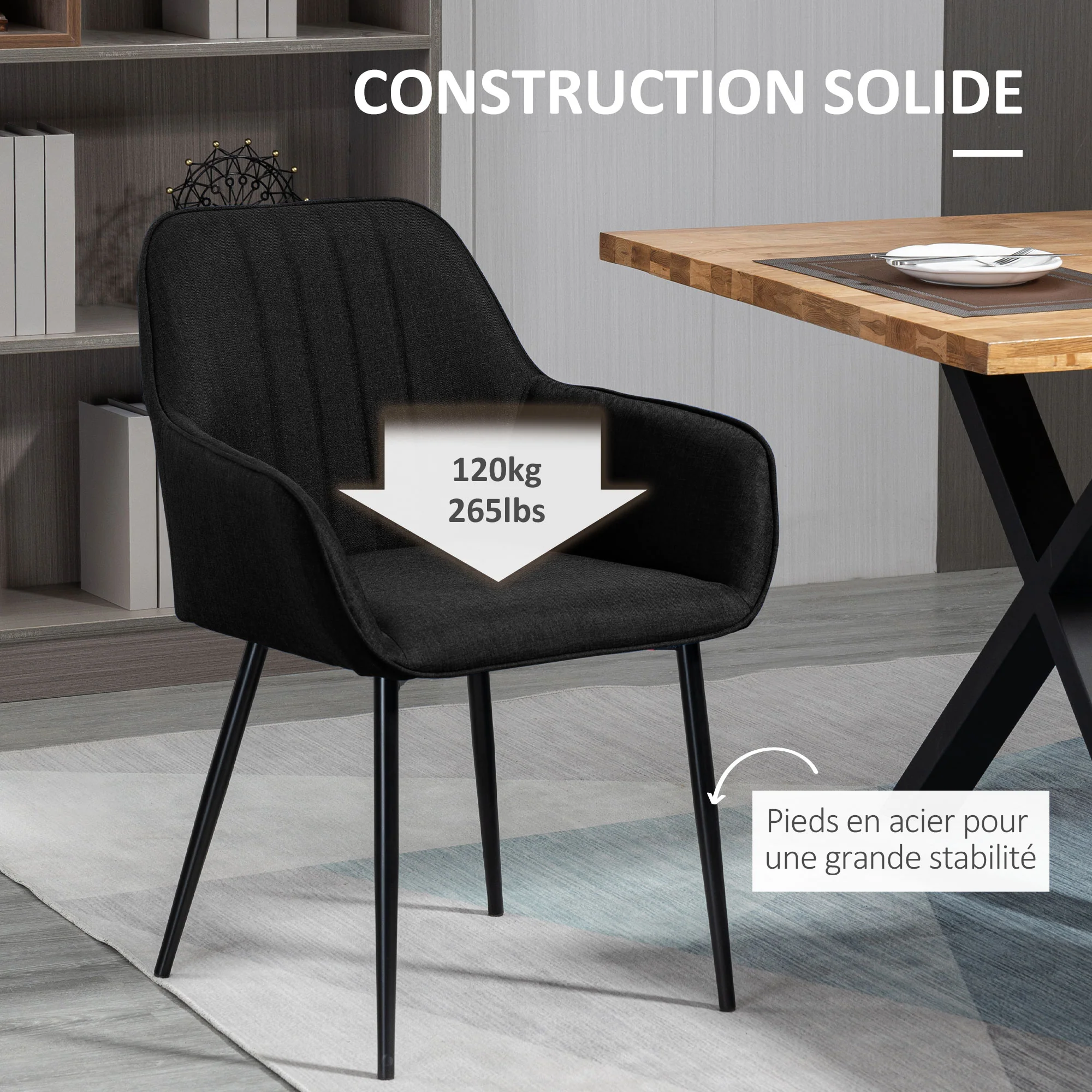Chaises de Salle à Manger Chaises de Visiteur Design scandinave - Lot de 2 chaises - Pieds effilés métal Noir - Assise Dossier accoudoirs ergonomiques Lin Noir - Image 7