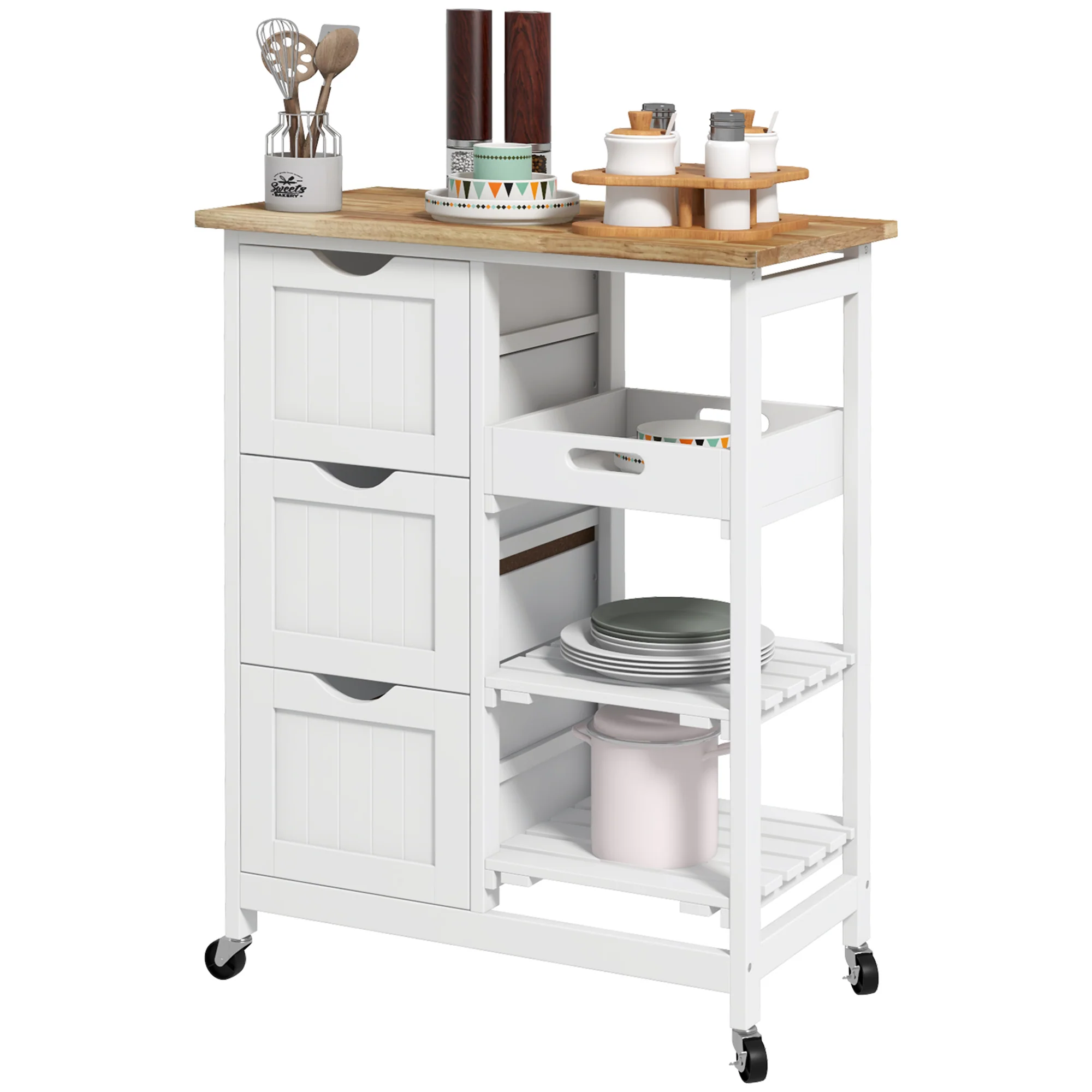 Chariot de service desserte de cuisine à roulettes plan de travail en bois de caoutchouc 3 tiroirs + 1 plateau amovible 67 x 37 x 85,5 cm blanc